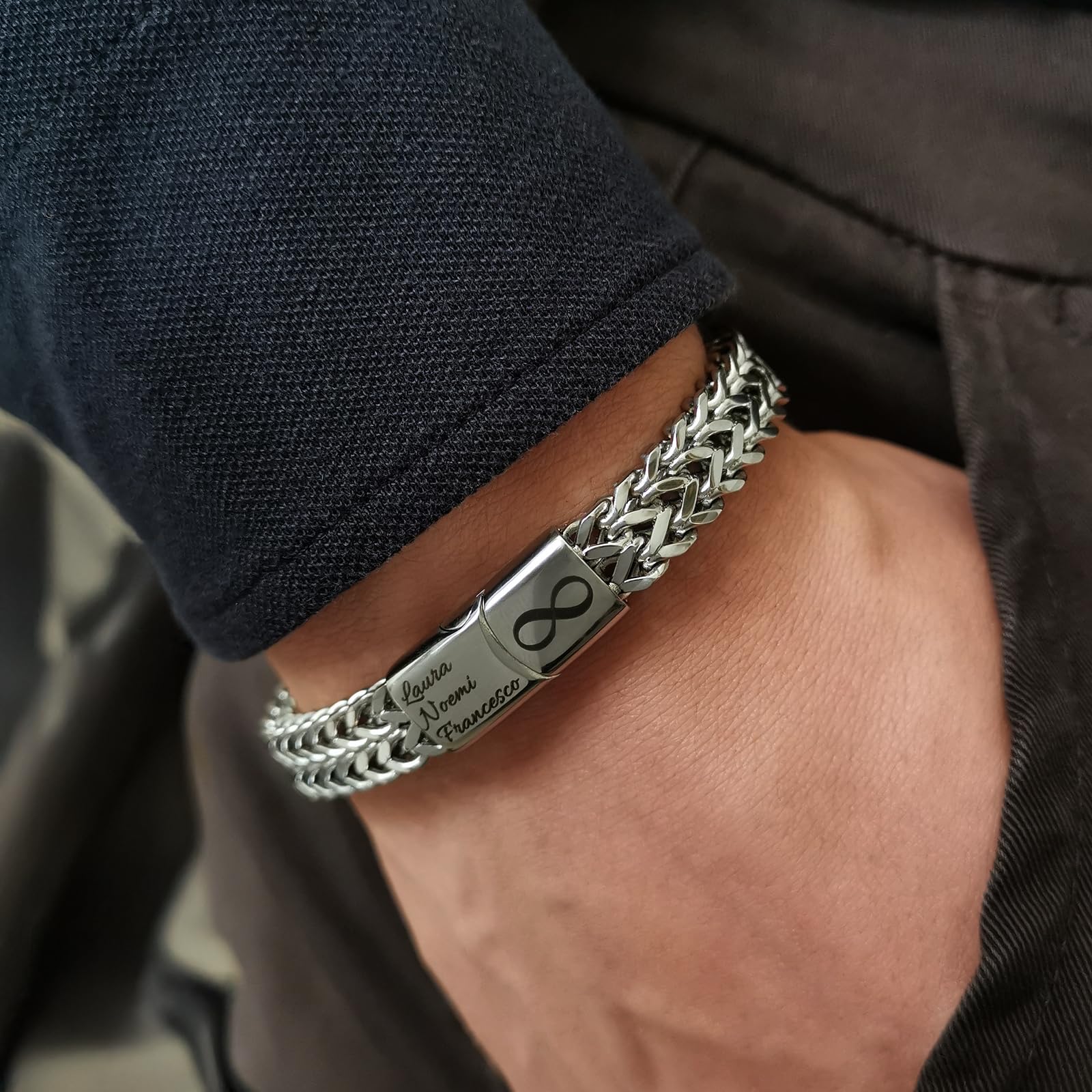 ALMENDRA Bracciale da uomo personalizzato in acciaio inox a catena braccialetto con incisione da personalizzare nome scritta