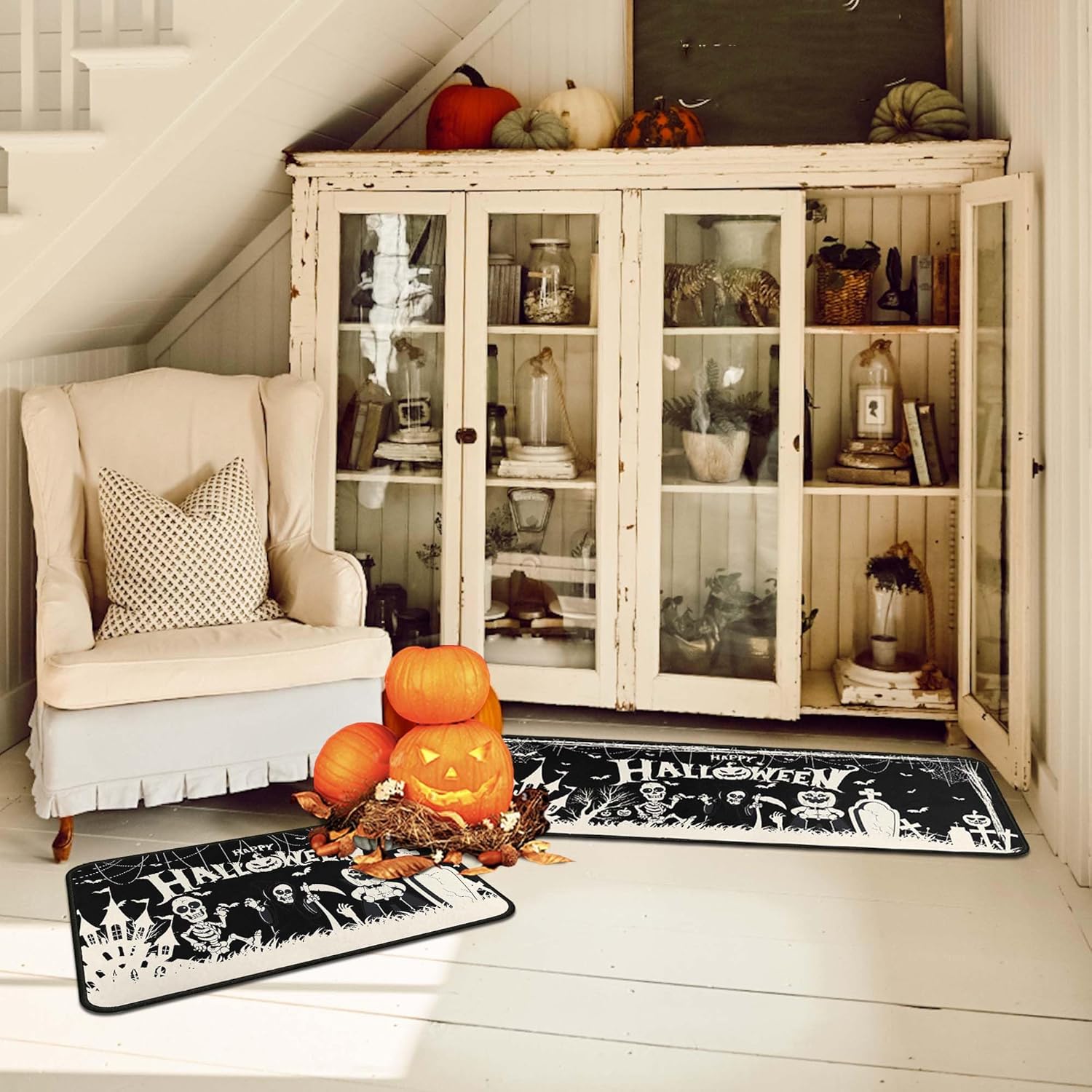 Happy Halloweeen Kitchen Rugs and Mats Set of 2, Skull Pumpkin Kitchen Mat, Castle Bat Halloween Farmhouse Party Floor Mat for Home Kitchen Decorations 17" x47"+17"x30"