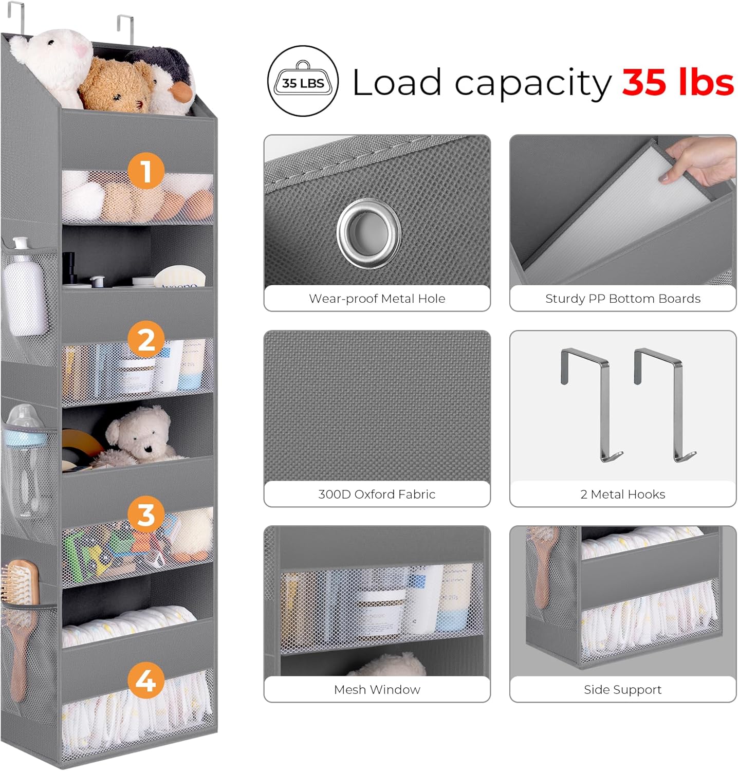 GRANNY SAYS Over The Door Organizer, 4-Shelf Behind The Door Storage with 6 Pockets, Waterproof 300D Oxford Fabric Hanging Organizer, Anti Tilt 35lb Load Hanging Shelf for Nursery, Bathroom, Grey - Image 8