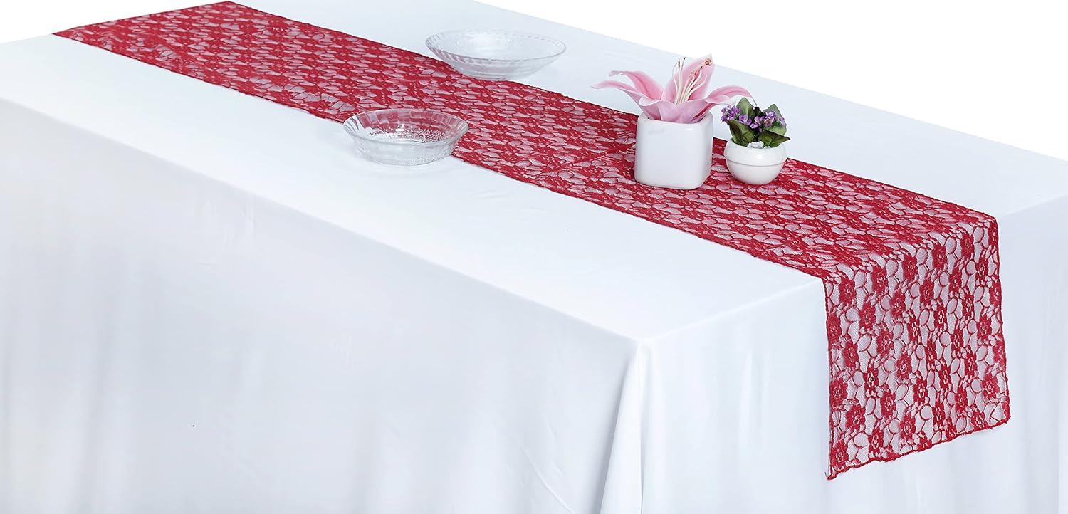 MDS Pack of 10 Wedding 12 x 108 Inches Floral Lace Table Runner for Decorations for Birthday Parties, Banquets, Graduations, Engagements, Fit Rectangle, Round Table - Apple Red