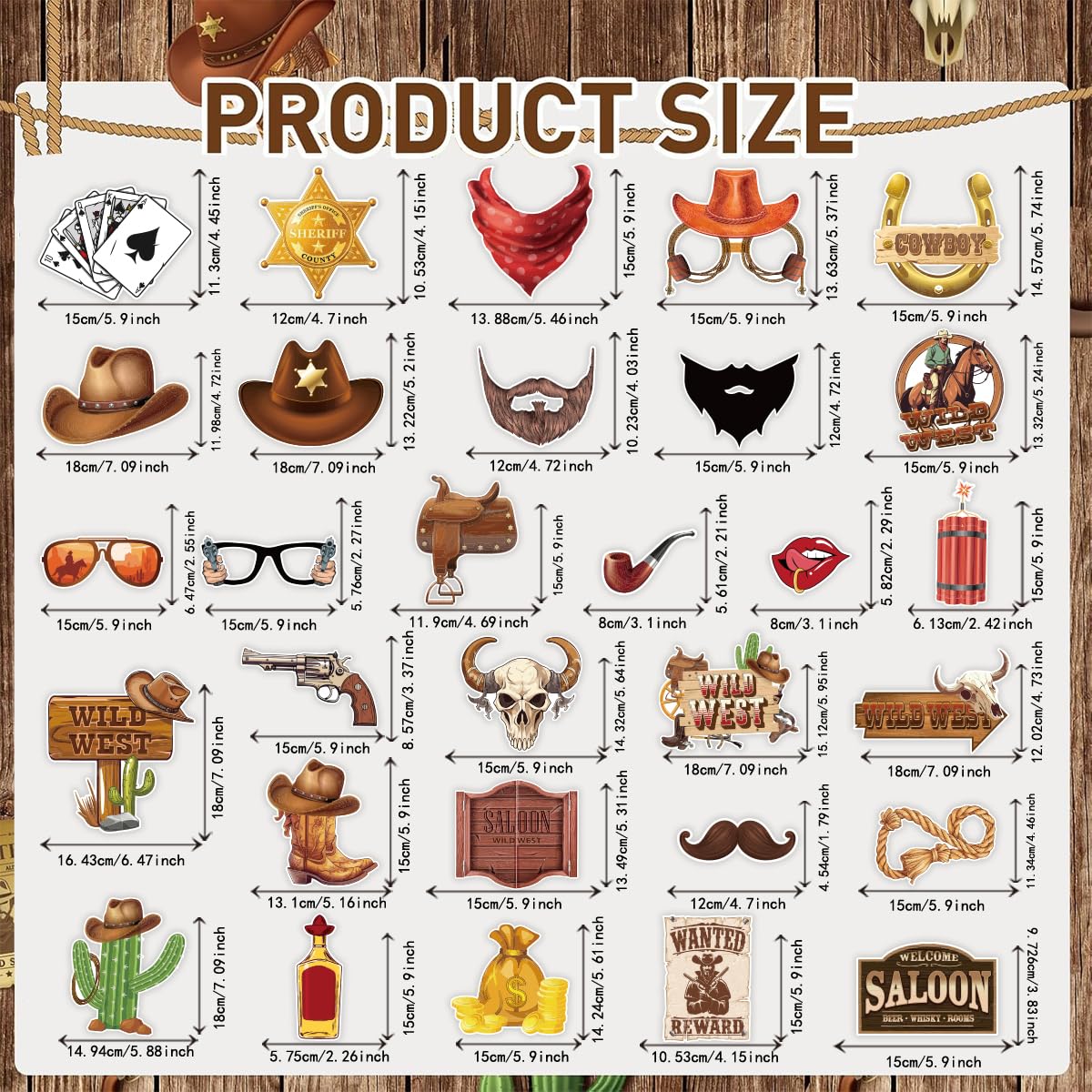 Set di 30 accessori per foto da cowboy occidentale, decorazioni per feste a tema rodeo, oggetti di scena per selfie a tema Wild West, accessori per feste di compleanno country cowboy
