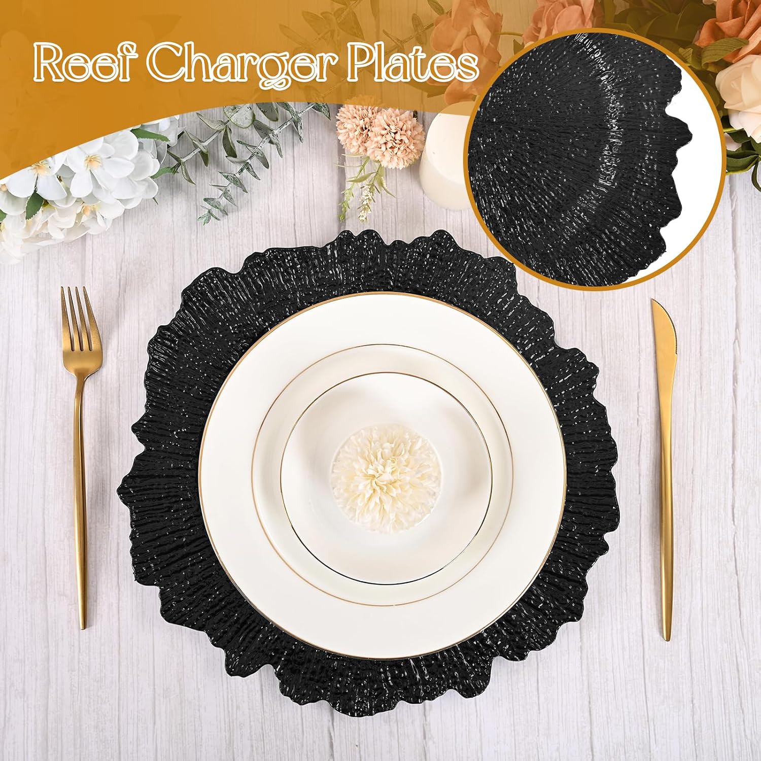 fani 100 Pcs Black Charger Plates Bulk, 13 Inch Reef Wedding Chargers image 3