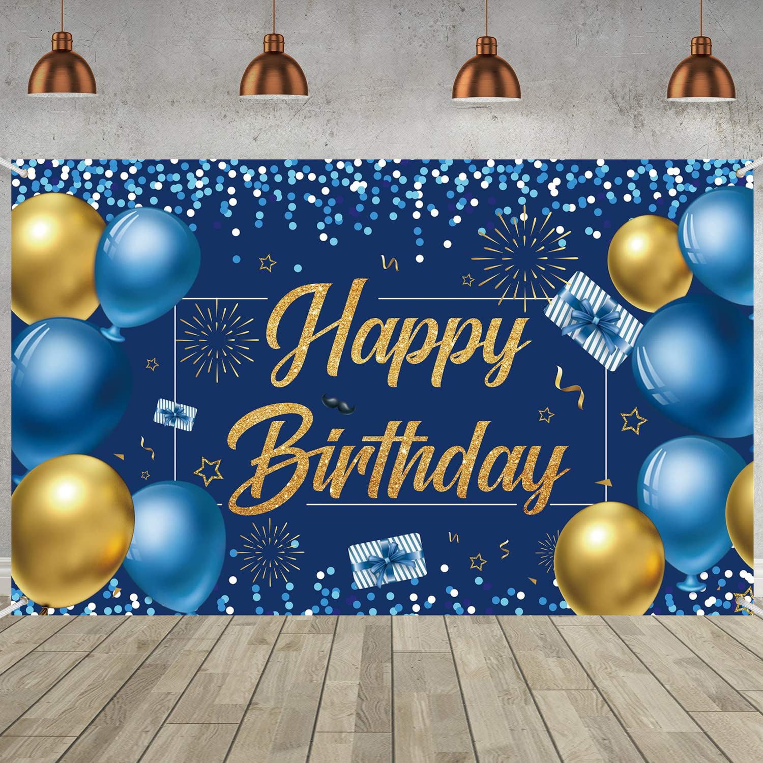 Blau-goldenes Geburtstagsbanner, 180×110 Cm – Mit Glitzer, Sternen & Champagner-Motiv, Inkl. Seil Zum Aufhängen