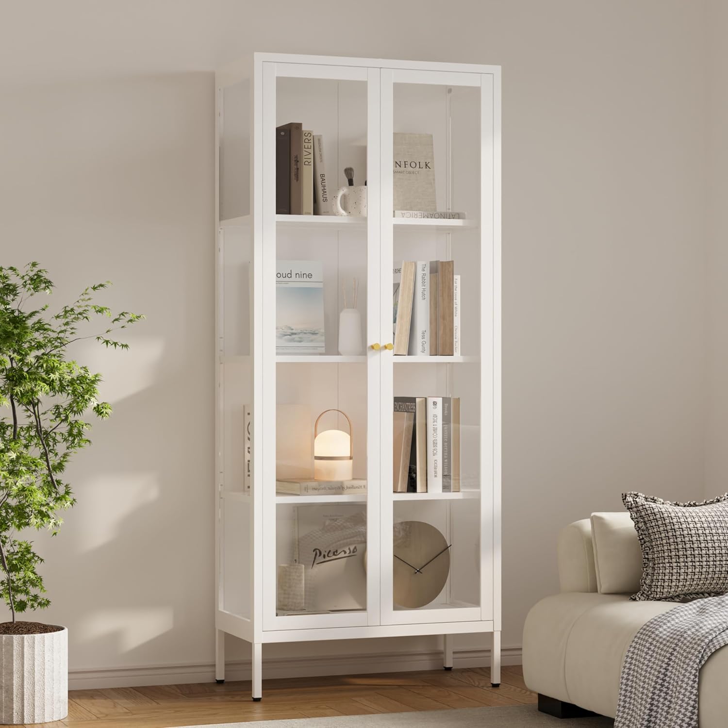 Glass Display Cabinet 4-Tier,66" H Metal Curio Cabinet with Glass Doors and 3 Adjustable Shelves,Display Case for Collectibles,Living Room (No Lights, White)