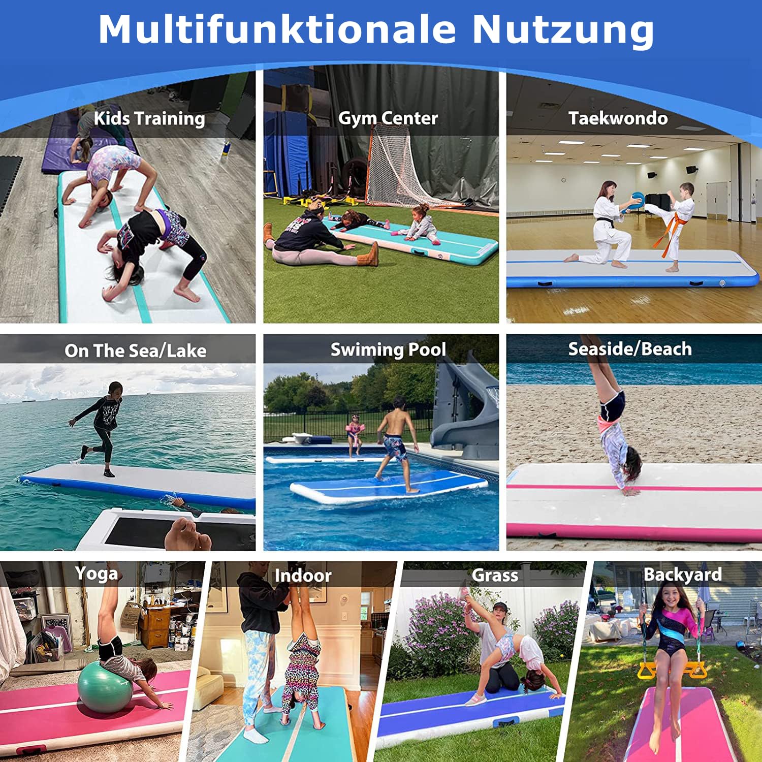 Air Track Tappetino Ginnastica Artistica 2 3 4 5 6 Metri 10/20CM Spessore Materasso Ginnastica da Casa/Yoga/Formazione/Cheerleading/Divertimento Acqua con Pompa (Blu Plus, 3M15)