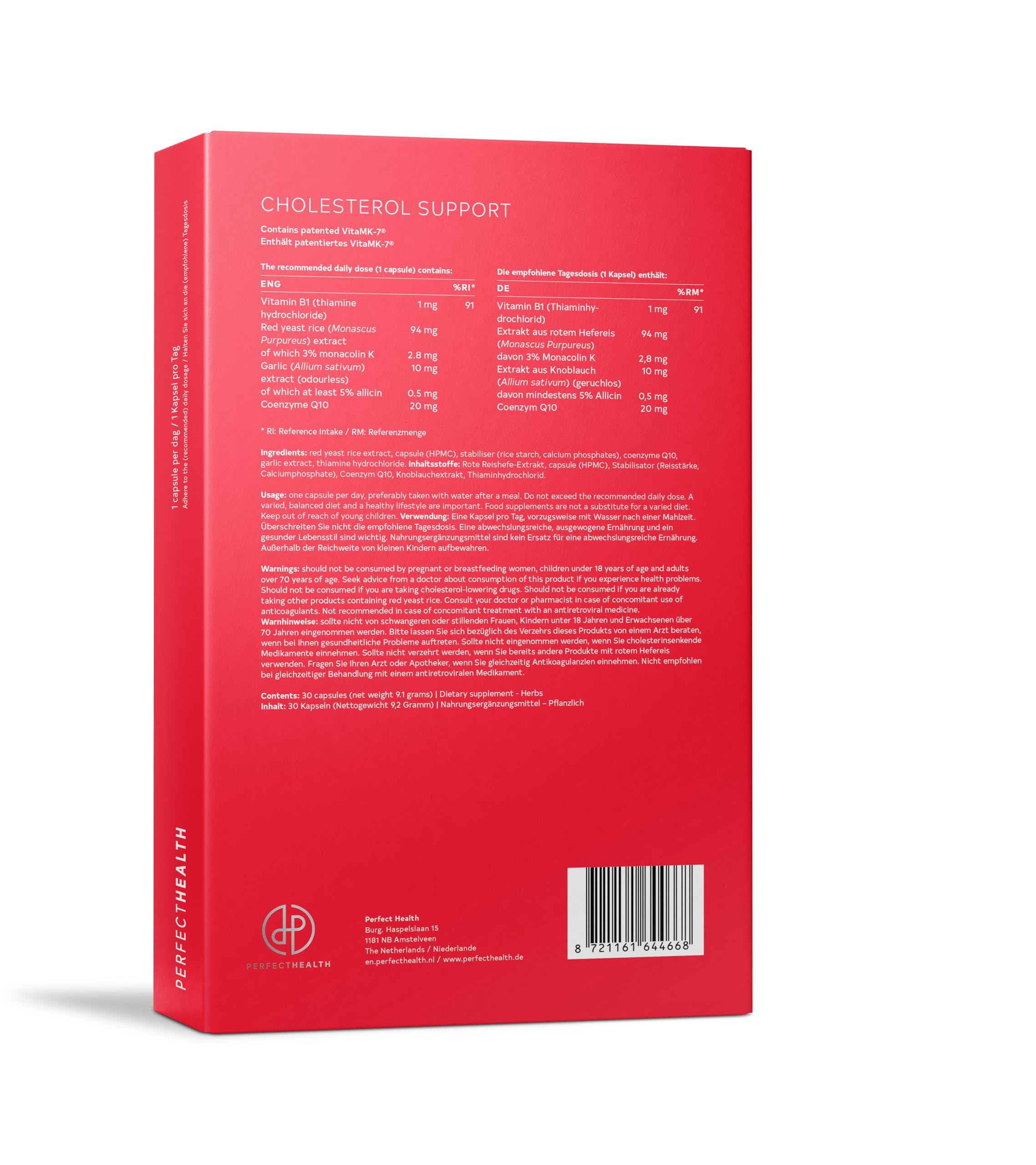 Perfect Health Vegan Rotschimmelreis Kapseln – 90 Stück Rote Hefe Reiskapseln - Cholesterinunterstützung – Co-Enzym Q10 & Knoblauchextrakt – Vitamin B1 für Herzgesundheit
