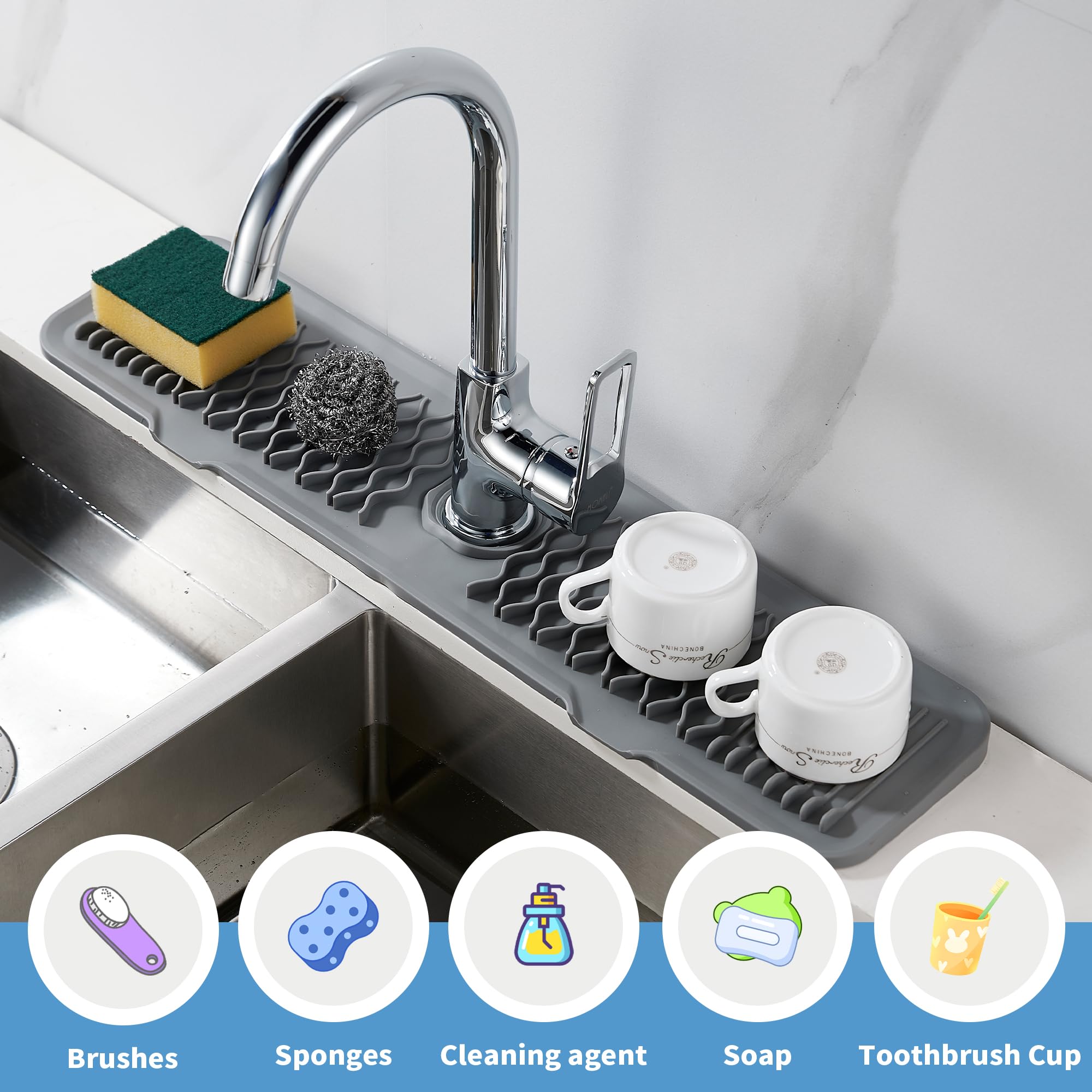Protector antisalpicaduras de silicona de 24 pulgadas para fregadero de cocina, alfombrilla gris para secar platos, soporte antideslizante para esponja, protector de encimera de baño, rejilla antisa