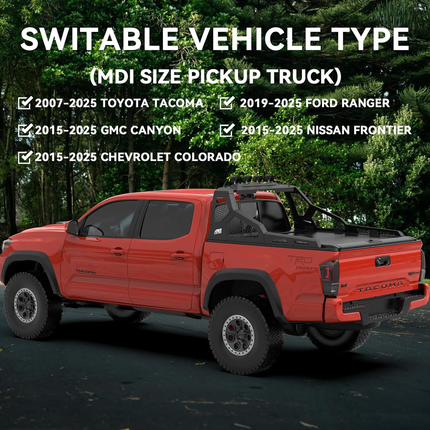 Adjustable Sport Roll Bar Compatible with Retractable Hard Tonneau | Compatible with Mid-Size Trucks Tacoma, Ranger, Colorado, Canyon, Frontier | No Drilling Installation | Three Installation Methods