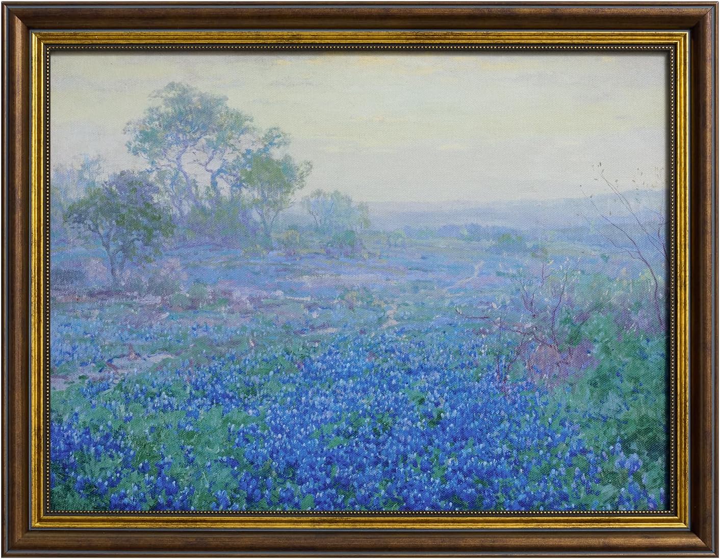 DAJONART Vintage Gold Framed Wall Art for Bedroom Farmhouse, Bluebonnet Field Landscape Canvas Print with Reusable Gold Frame, Vintage Floral Wall Decor for Rustic Cottage Retro Home Office, 14"x18"