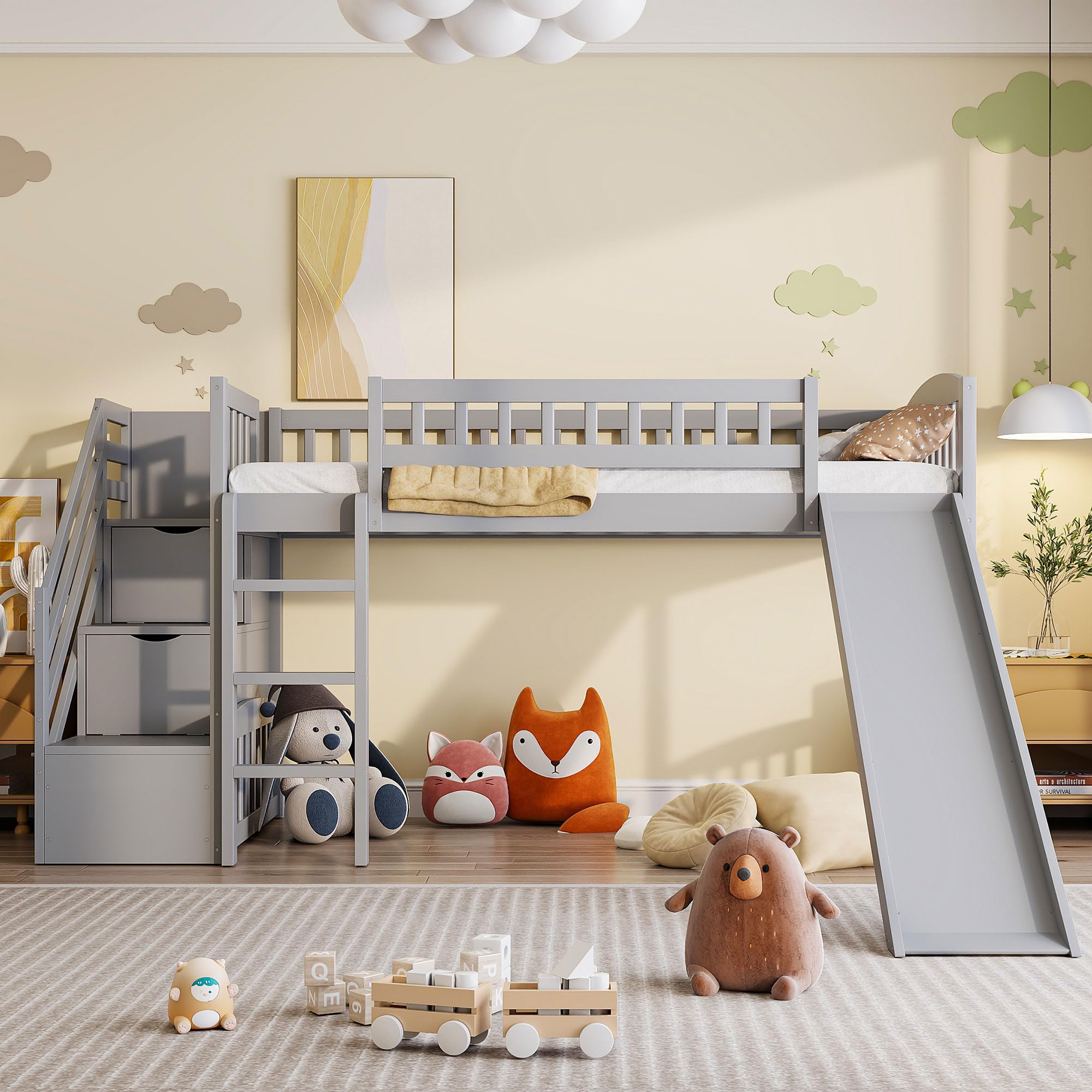 Bellemave Twin Size Loft Bed Frame with Slide and Stairs for Kids,Twin Size Low Loft Bed with Slide and Drawers,Wood Kids Loft Bed Frame for Boys Girls Teens,Gray