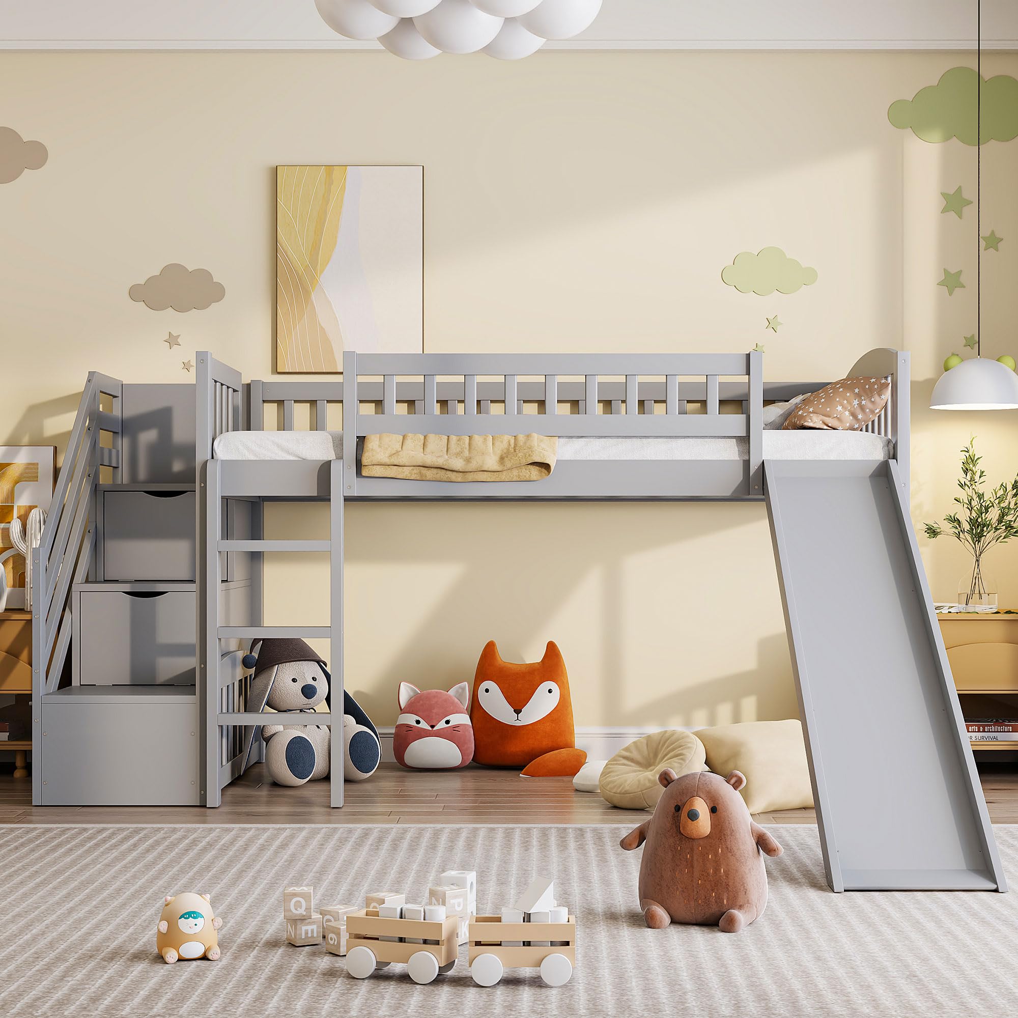 Twin Size Loft Bed Frame with Slide and Stairs for Kids,Twin Size Low Loft Bed with Slide and Drawers,Wood Kids Loft Bed Frame for Boys Girls Teens,Gray