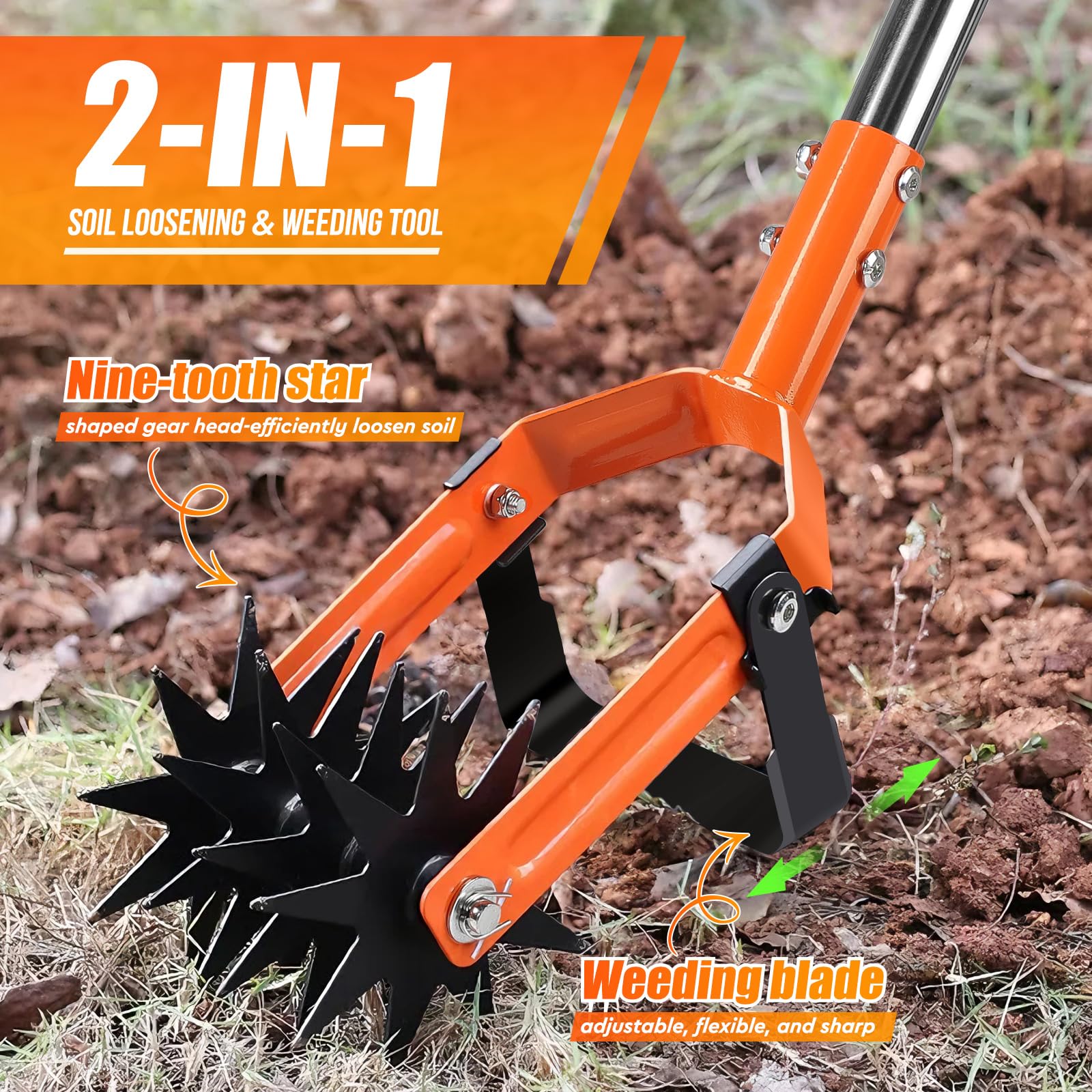 SWAWIS Cultivateur de Griff Amovible avec 4-Sections Manche en Acier Inoxydable, Outil de Cultivateur Rotatif avec Lame de Désherbage, Motoculteur Manuel de Jardi pour Entretien du Sol et Désherbage
