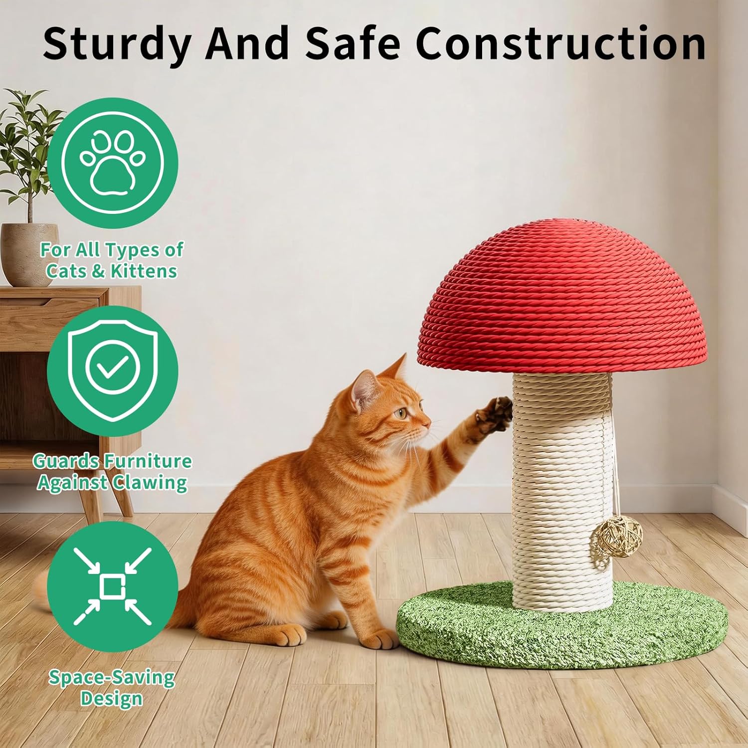 Mushroom Cat Scratching Post with Natural Sisal, 11" Cat Tree for Kittens, Stable Small Cat Tower Easy to Assemble for Indoor Cats Play, Furniture Protection