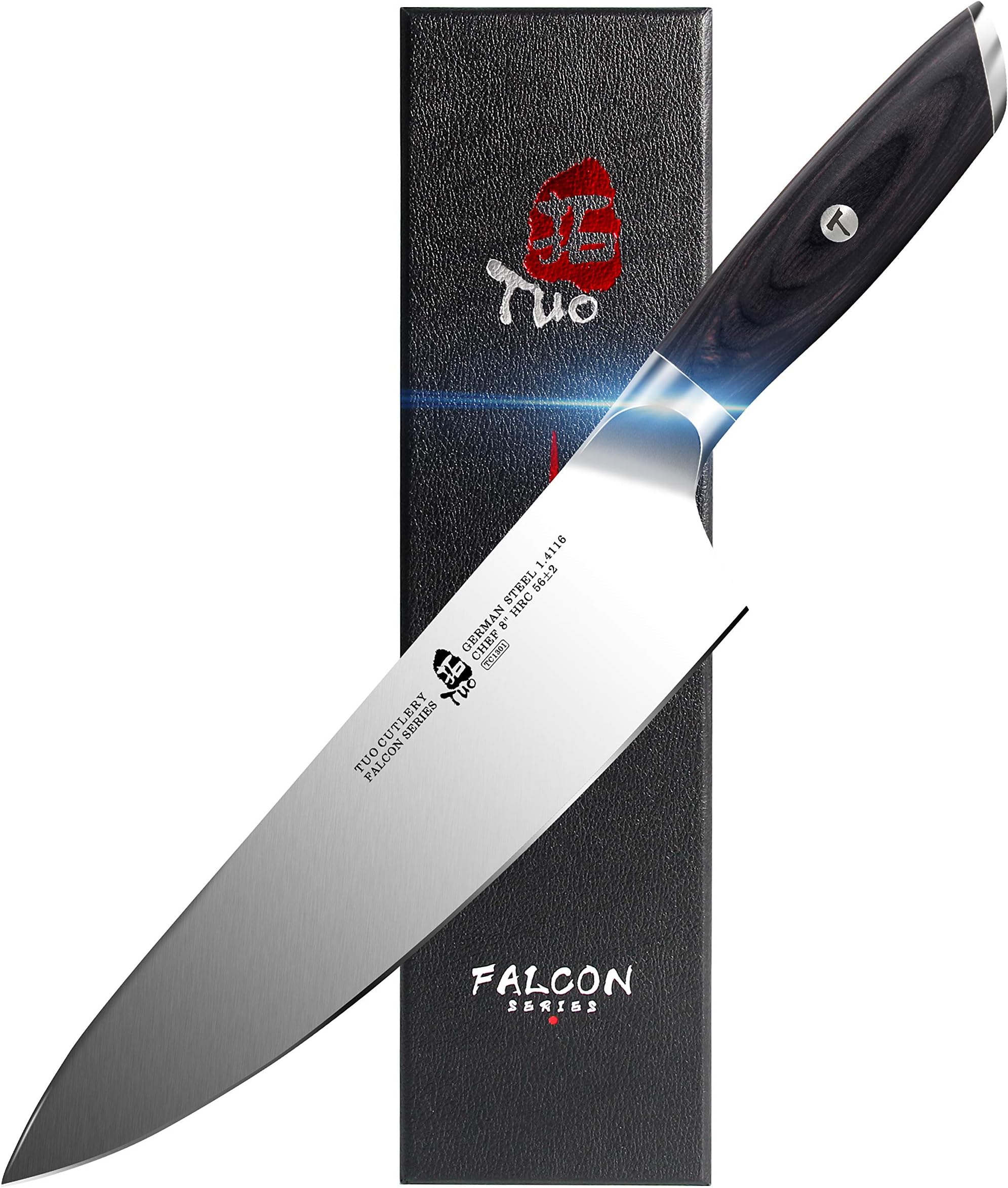 TUO Gyuto Chef Knife, 8 Inch Professional Cooking Knife for Meat & Vegetable Processing, Ultra Sharp Japanese Blade, Ergonomic Handle, German High Carbon Steel - Falcon Series