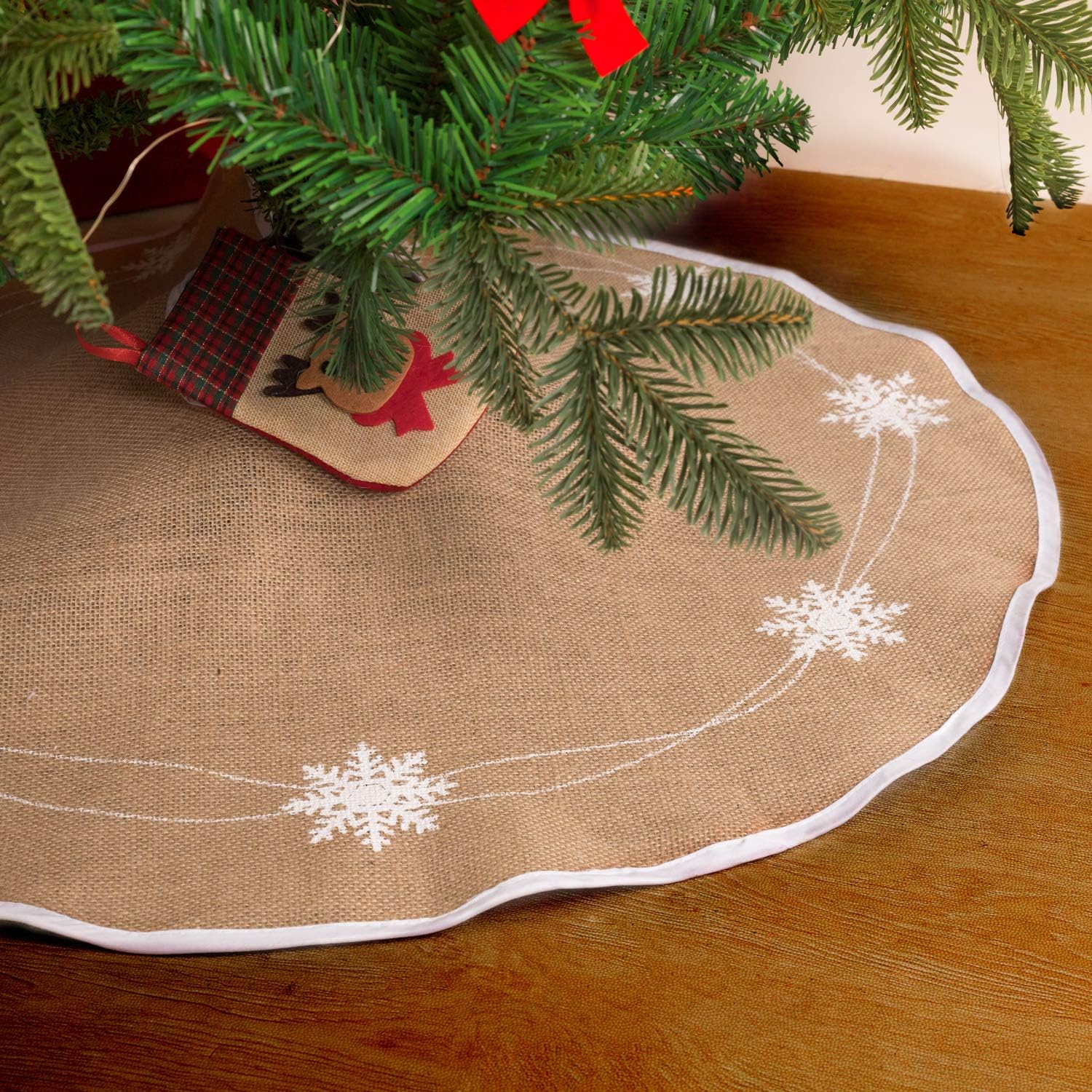 N&T NIETING Manta para árbol de Navidad, 75 cm, falda con copo de nieve blanco, arpillera, manta redonda para decoración navideña