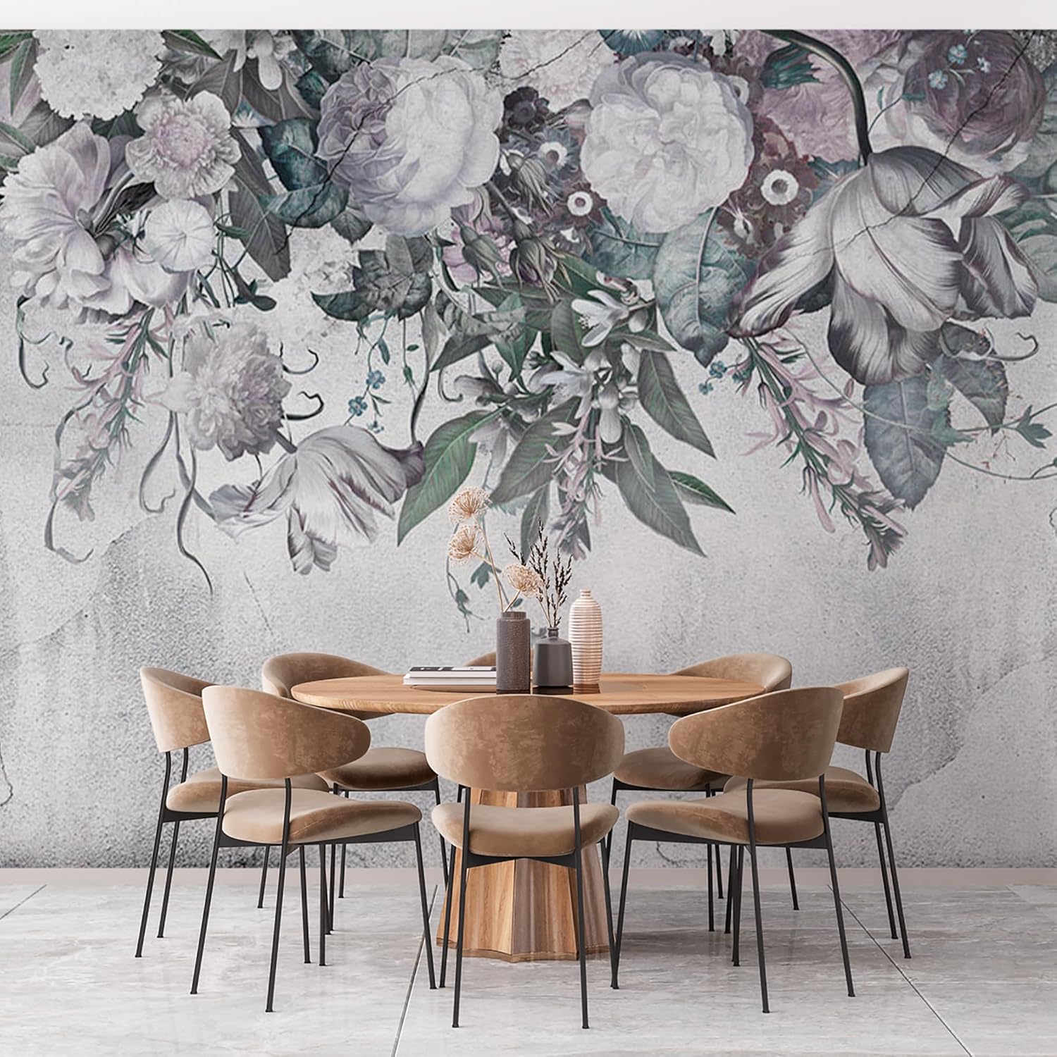 Floral Wall Mural - Large Flowers Peony Tulip - Antique Grey Fresco - Peel and Stick Removable Wallpaper - Self Adhesive for Bedroom Living Room Home
