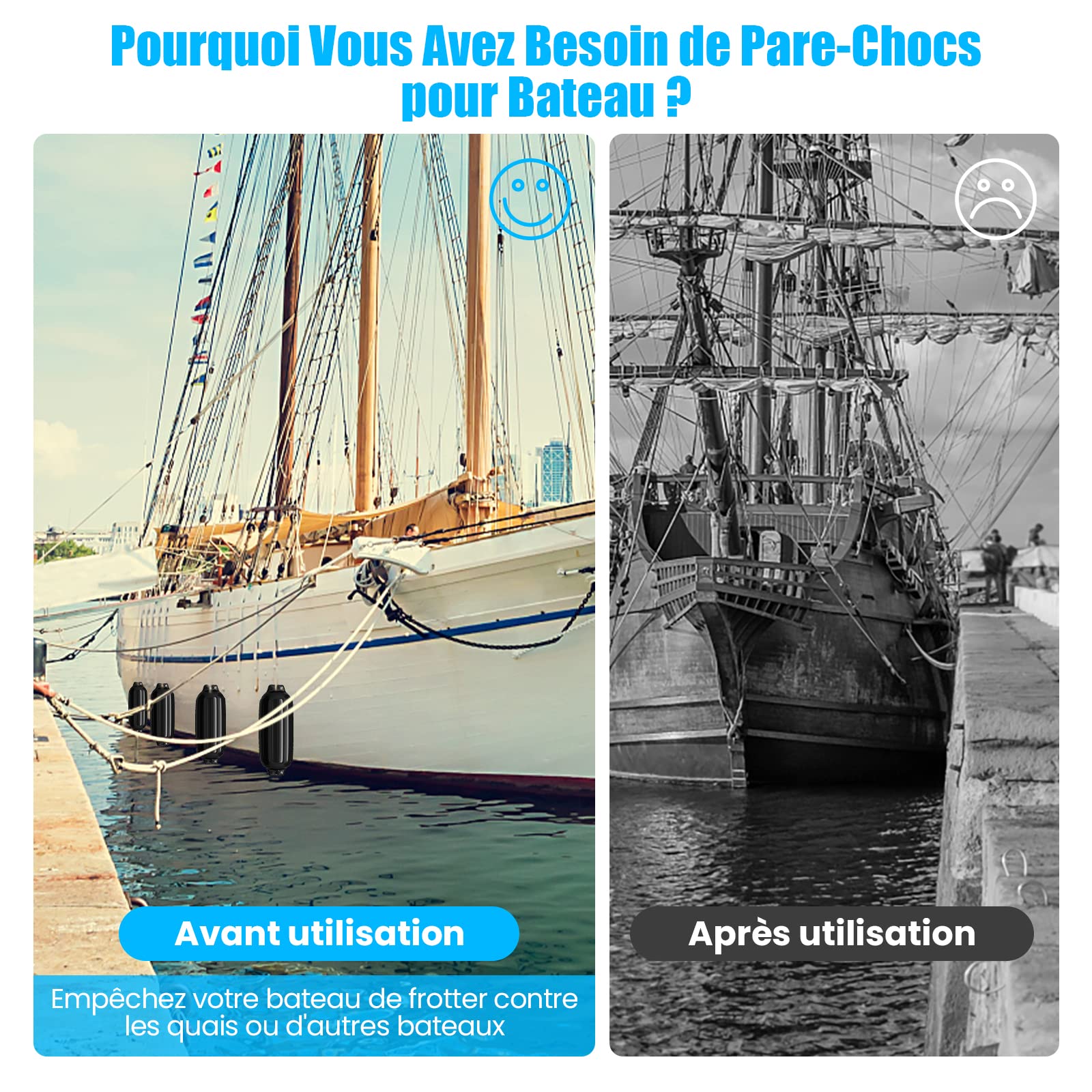COSTWAY Set de 4 Pare-Battage Gonflables en PVC à Deux Œillets Nervurés pour Ponton, Voilier, Hors-Bord, Protections Gonflables pour Bateaux
