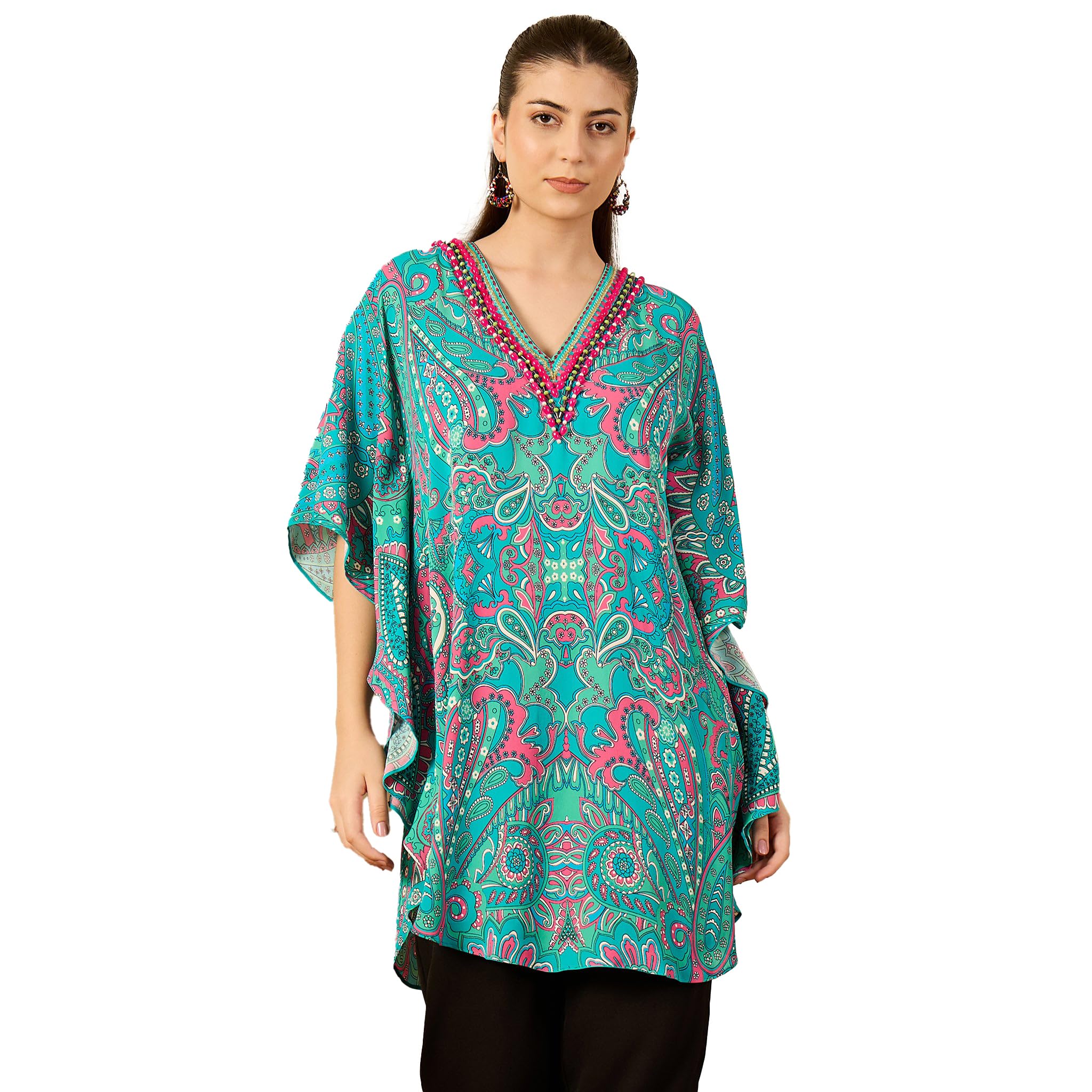 Sea Green and Pink Paisley Tunic in Double Viscose Georgette for Women by Ramola Bachchan-image-26