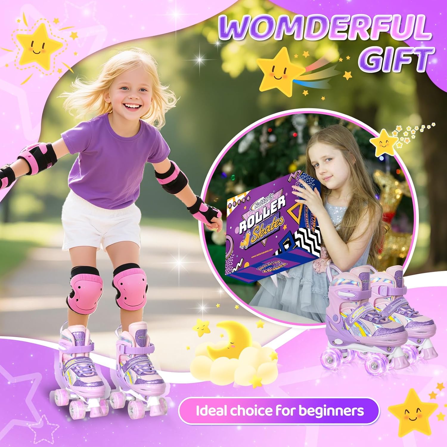 Nattork Kids Roller Skates for Girls, 4 Size Adjustable Rainbow Quad Skates with All Light Up Wheels - Best Birthday Gift for Outdoor Sports - Image 7