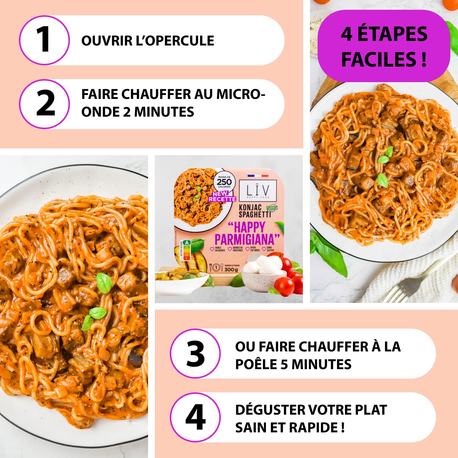 LÏV Happy Food - Plat Cuisiné Individuel HAPPY Parmigiana Veggie - Spaghettis de Konjac - Pâtes sans gluten - Konjac - Gluten Free, Faible en calorie - 6x300g