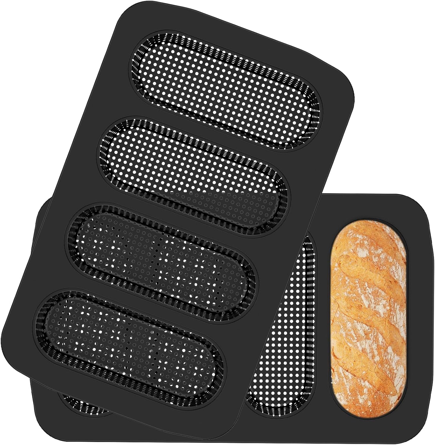 Hot Dog Bun Pan, 2 Pack Perforated Carbon Steel Bread Loaf Pan, Non-stick Homemade Hotdog Bun Baking Pans, Mini Pans, Dishwasher Safe