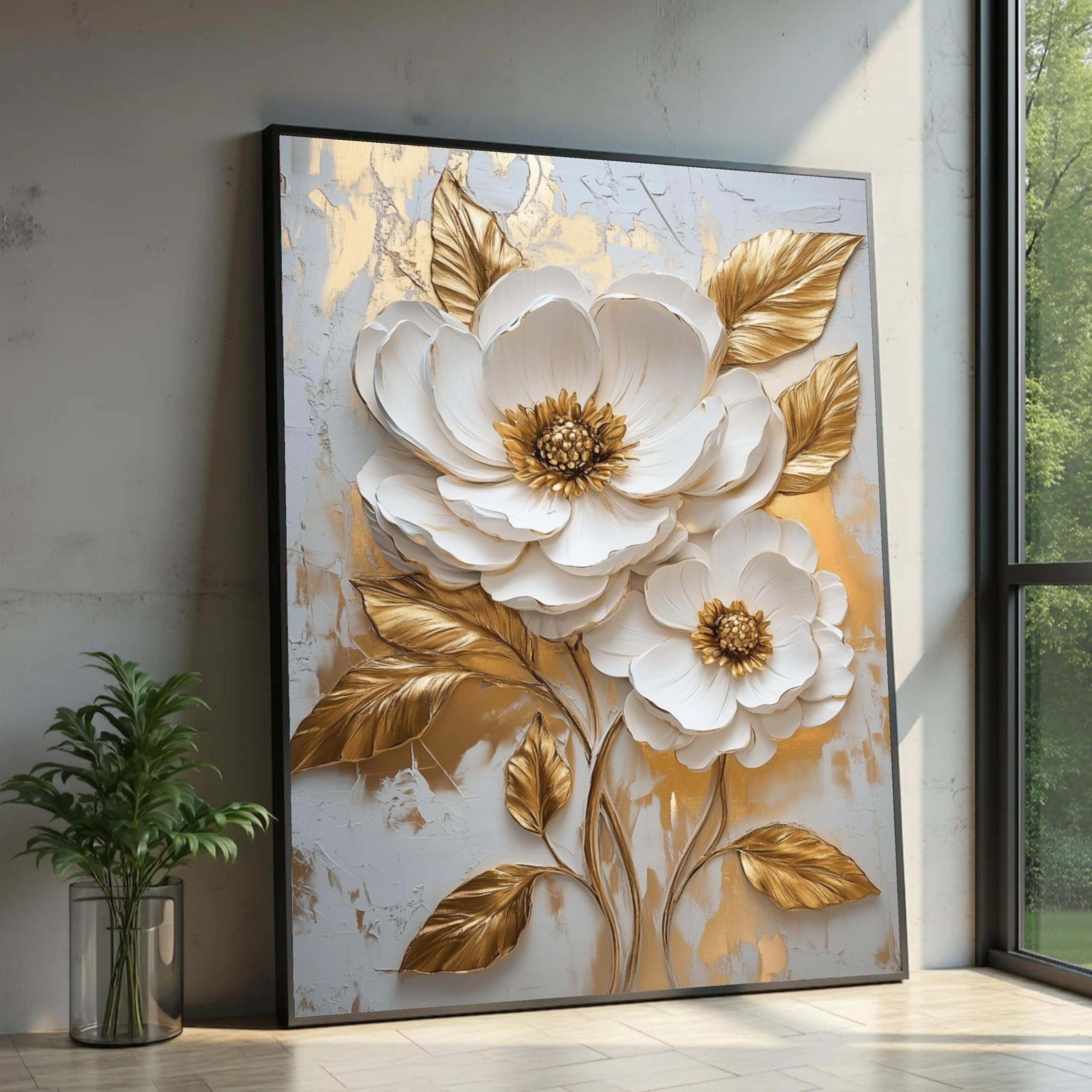 Tableau floral blanc et or décoration murale affiche moderne - 7