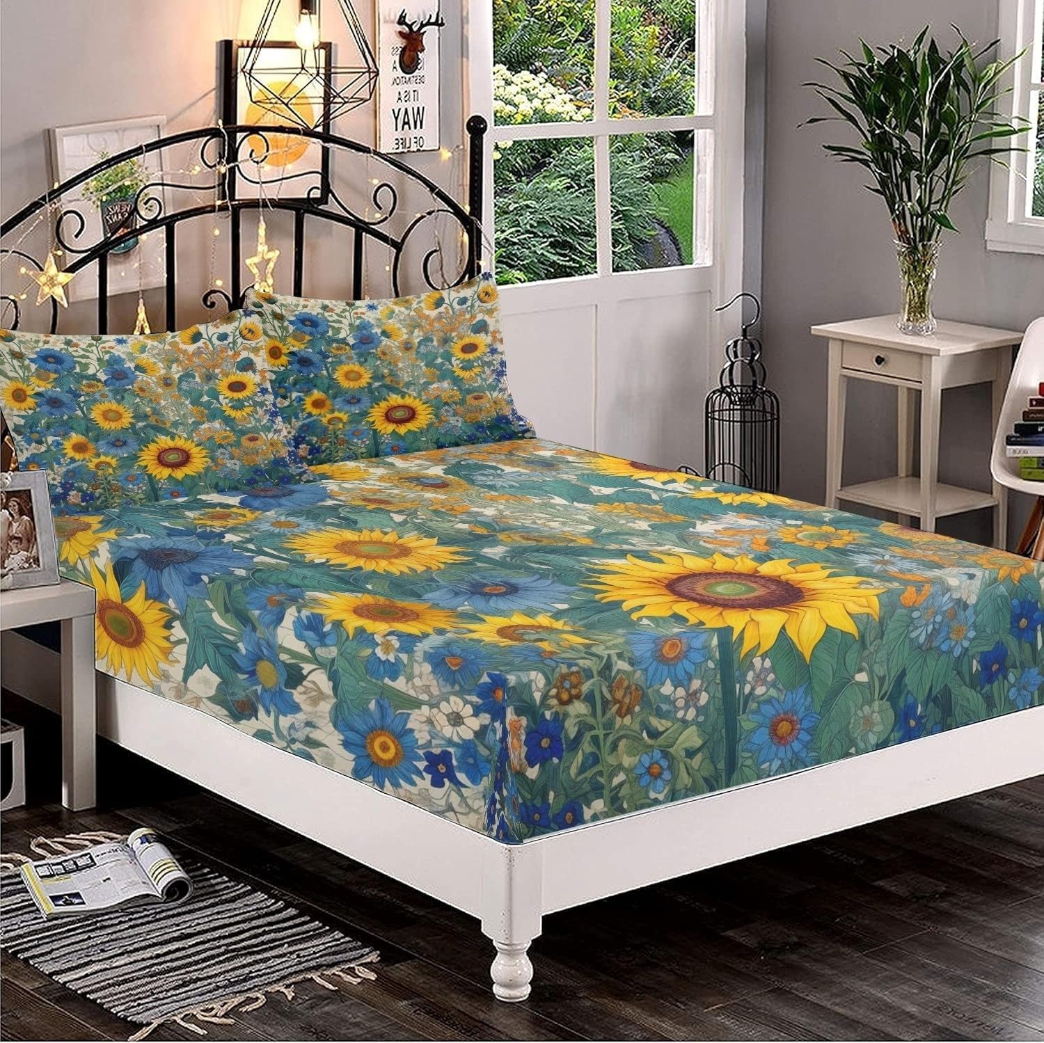 Sabana Bajera 180x200 Girasoles Sabanas Bajeras Estampadas Mariposas Sábana Bajera Ajustable Suaves, Elastico Funda Colchon con 2 Funda Almohada 50x80 cm, para Colchón de 30cm de Altura