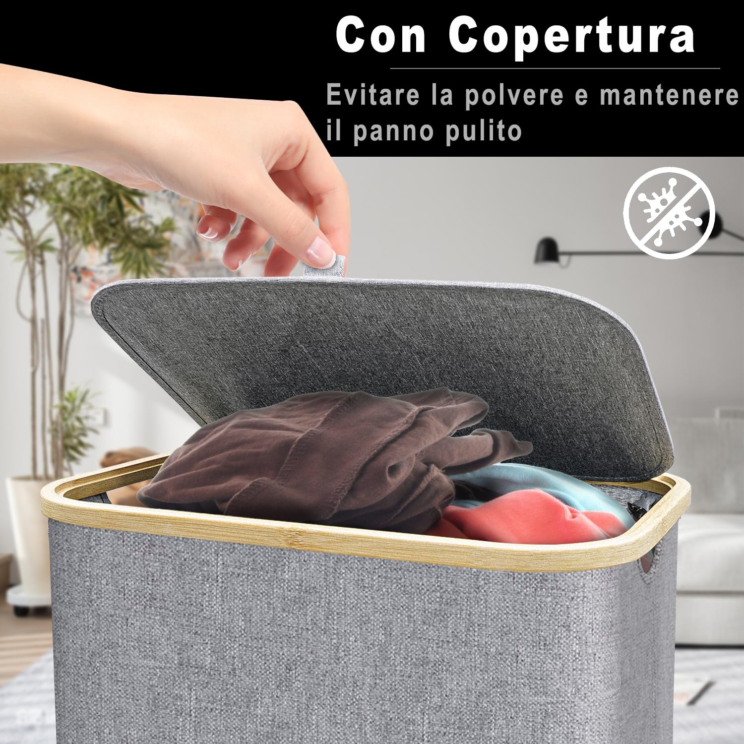 Cesto Portabiancheria Sporca Grande -100L Cesto Biancheria Sporca per Bagno in Bambú con Coperchio, Cesta Panni Sporchi con Manici per Bagno, Lavanderia, Camera da Letto per Salvaspazio-Grigio