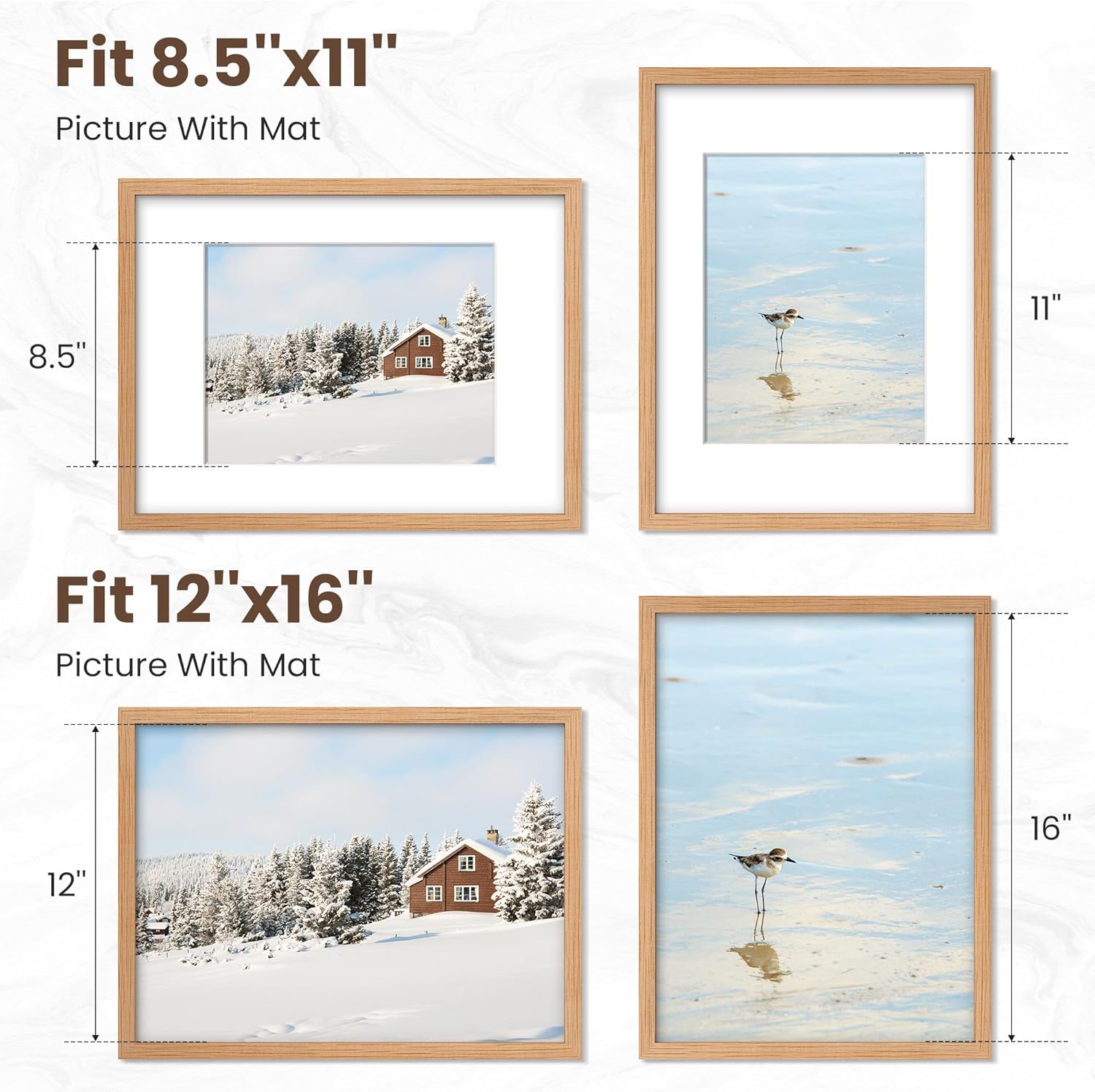 Dreamland 12x16 Picture Frame with Mat for 8.5x11, Solid Oak Wood 12 x 16 Frames with Resistant Plexiglass, 16x12 Wooden Gallery Wall Frames for Art, Wall Display Only, Set of 3