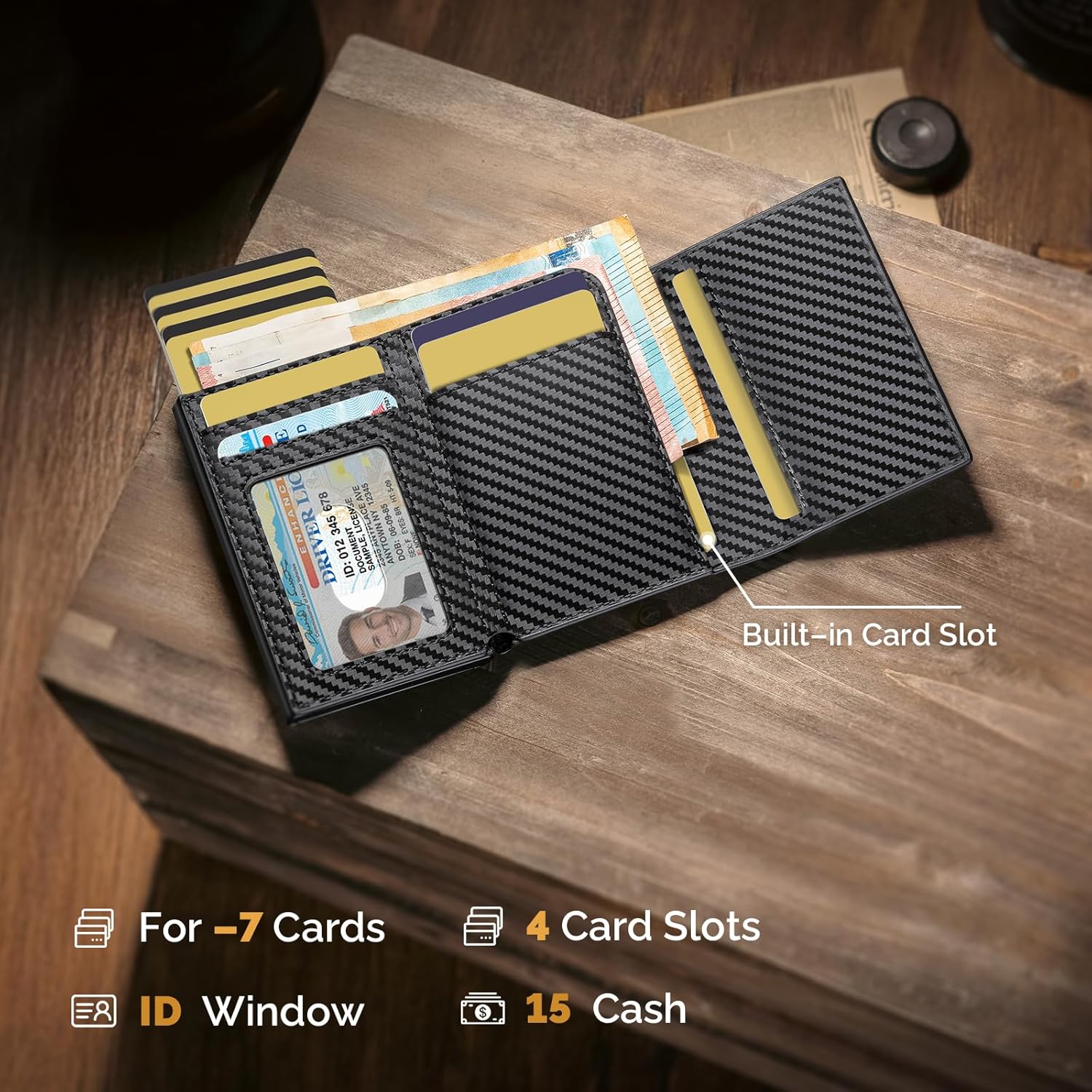 Wallet for Men - Pop up Credit Card Holder for 9-11 Card Capacity | 1 ID Window | Cash Slot - Front Pocket - RFID Blocking - Slim Smart Wallet for Men, Trifold, Leather (Carbon Black) - Image 2