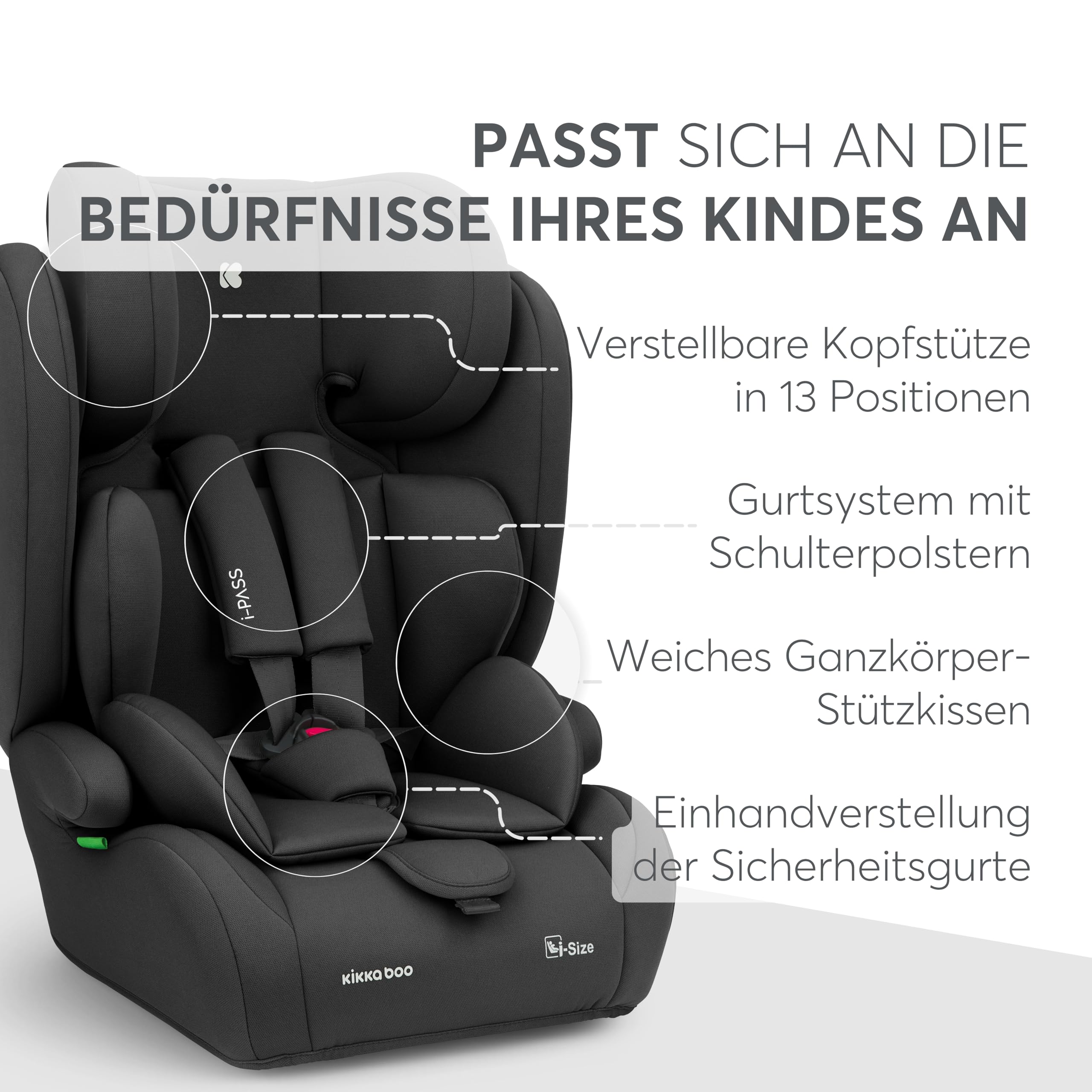 KikkaBoo Auto Kindersitz 9-36 kg i-PASS i-Size Gruppe 1/2/3 76-150 cm Schwarz