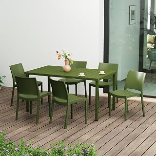 Outdoor Dining Chairs Set of 6, 7 Piece Patio Furniture Set, Patio Breakfast Coffee Table and Stackable Chairs for Backyard Deck Restaurant, Olive Green