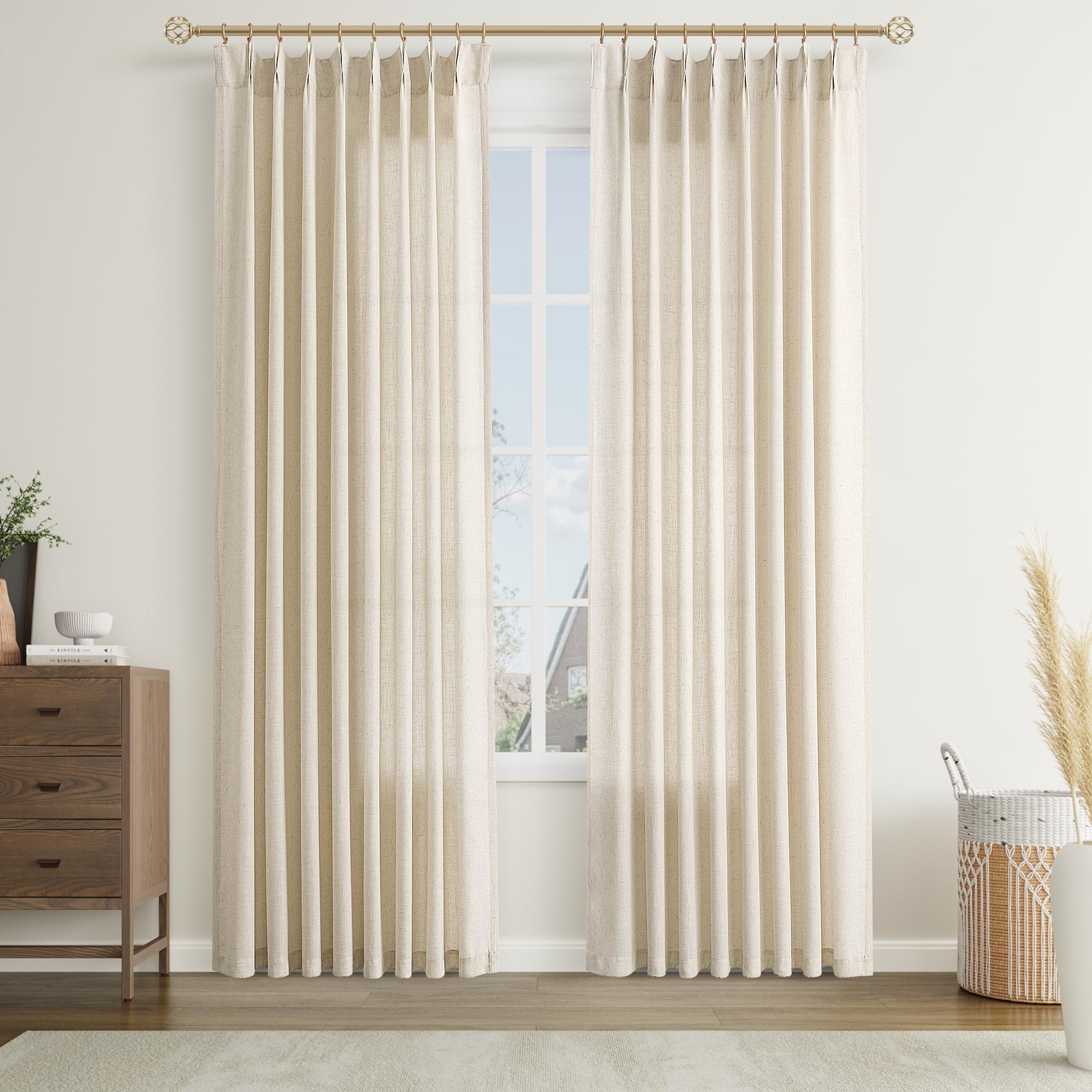 Joywell Linen Pinch Pleated Curtains 84 Inches Long,Back Tab Clip Rings Window Textured Modern Flax Burlap Boho Neutral Drapes with Hooks for Bedroom Living Room,W50 x L84,Linen,2 Panels Set