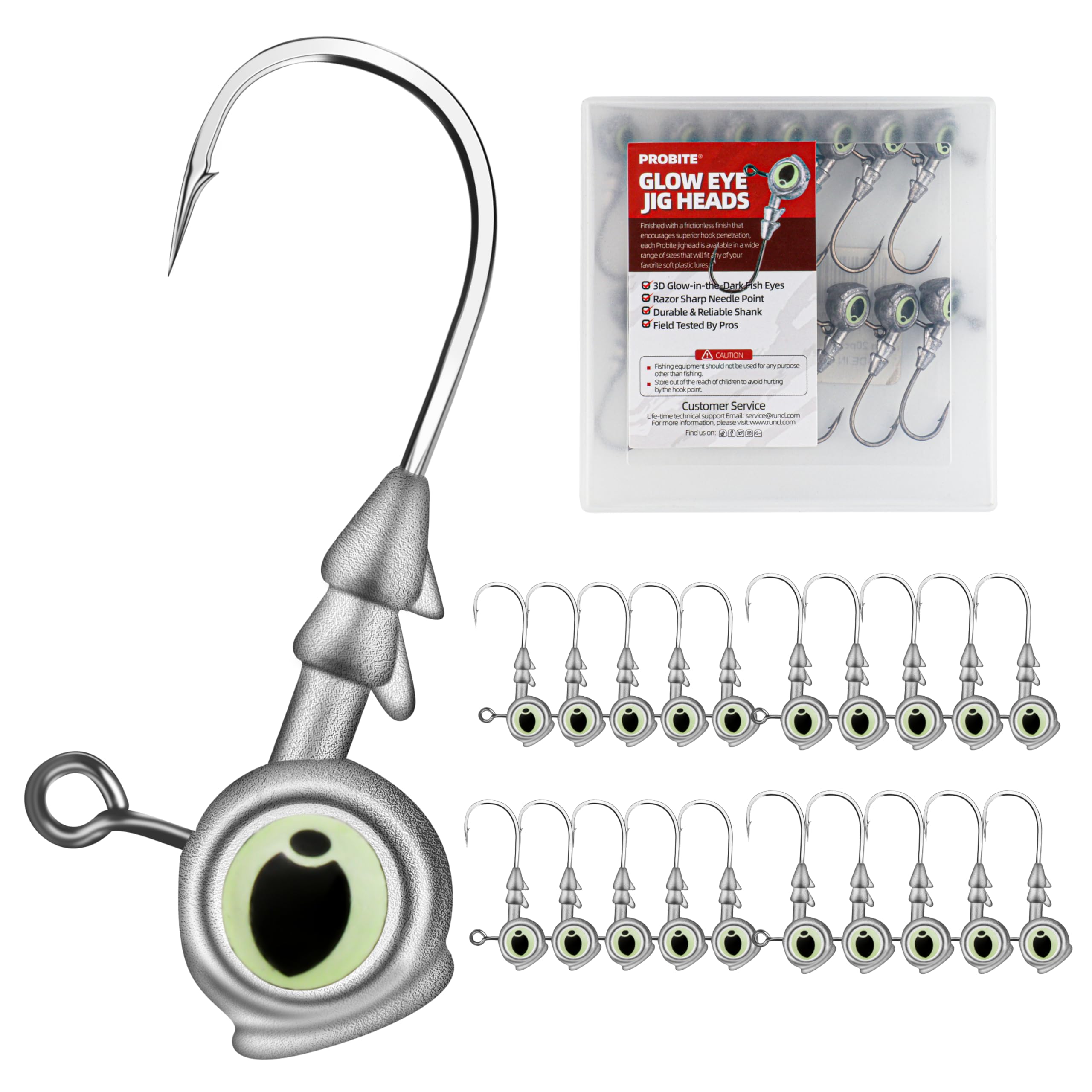 Glow Eye Jig Head, 20pcs Jig Heads Fishing Hooks with Luminous Eyes, 4 Sizes Assorted, Sharp Hook for Soft Lures, Saltwater & Freshwater Fishing