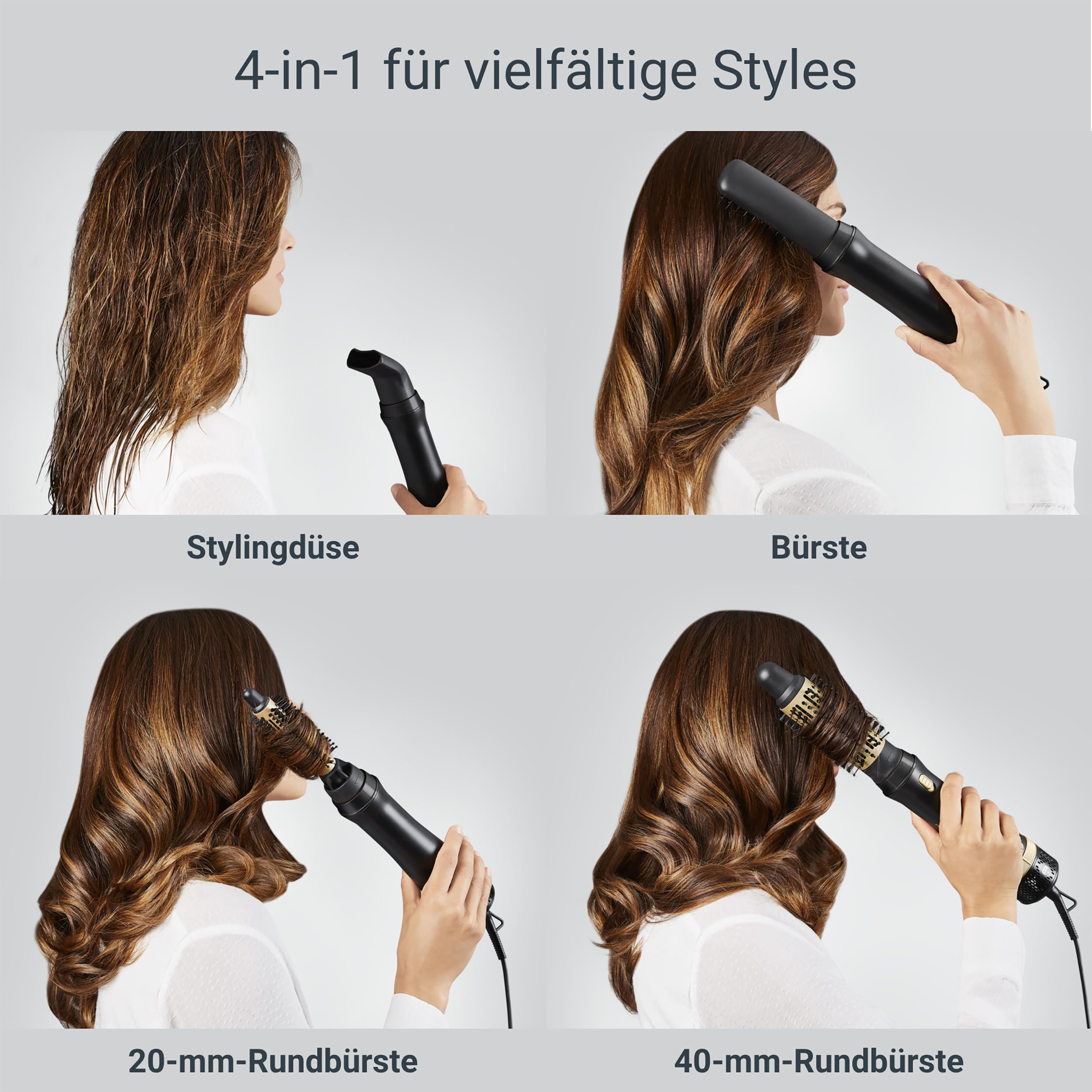 Rowenta Express Style 4-in-1 Warmluftbürste, 4 Aufsätze, keramikbeschichtet | Care-Einstellung, Airflow-Technologie, kühle Spitze, Verriegelungs- und Entriegelungstaste, Schwarz/Gold, CF6330F0