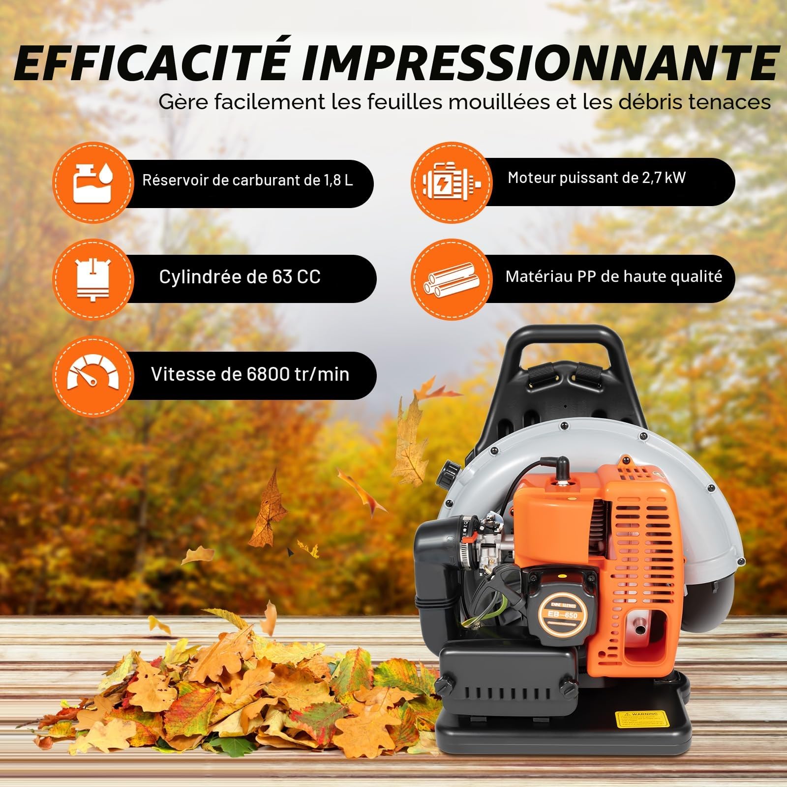 Souffleur à feuilles à essence dorsal 65CC, 2-temps 3,6 CV, souffleur de jardin à refroidissement par air, pour souffler les feuilles, le sable, le gravier et la neige.