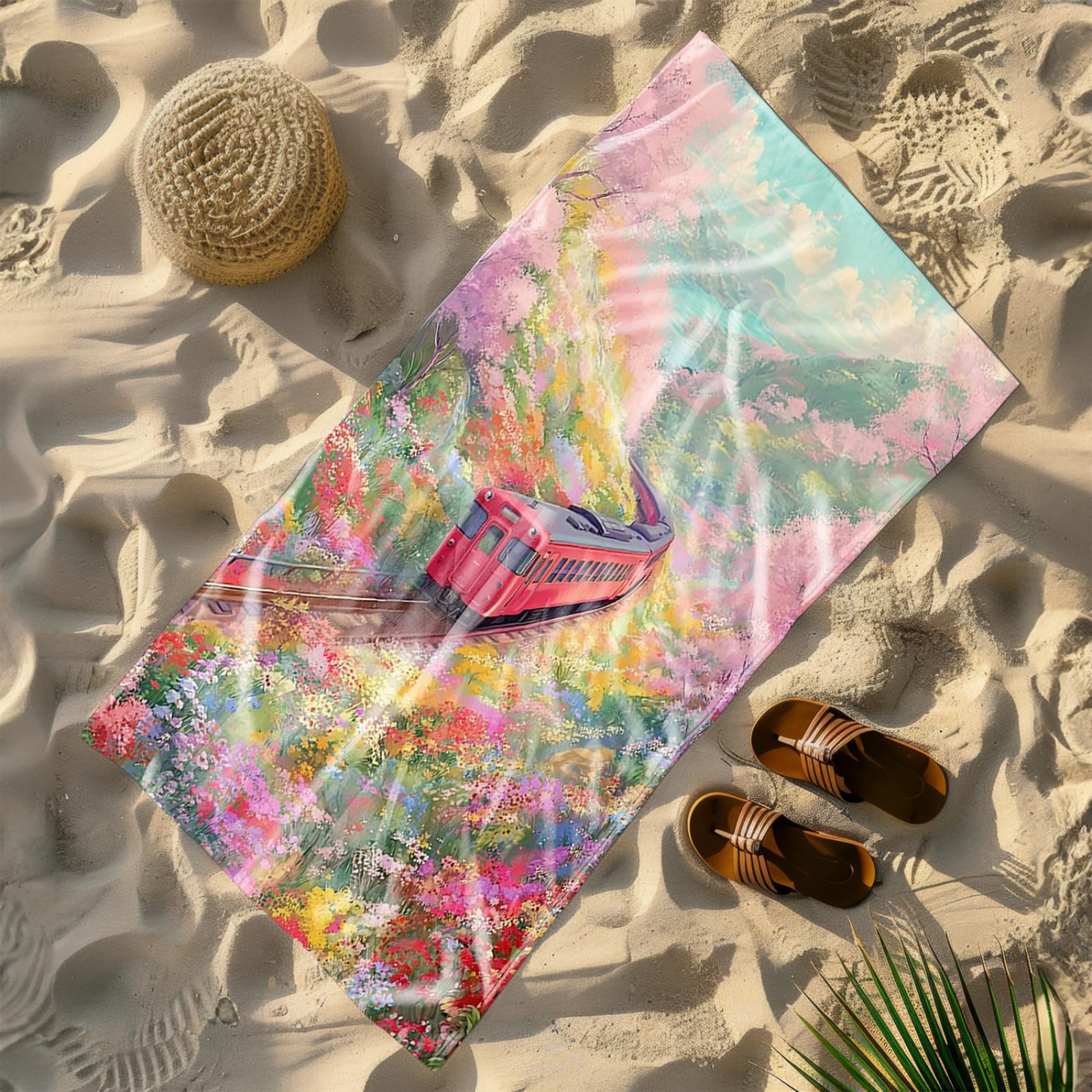 Telo Mare Microfibra 210x230 Treno, Fiori Telo Spiaggia Grande Antisabbia,XXL Asciugamano Mare, Asciugatura Rapida, Stuoia Spiaggia Leggero E Portatile