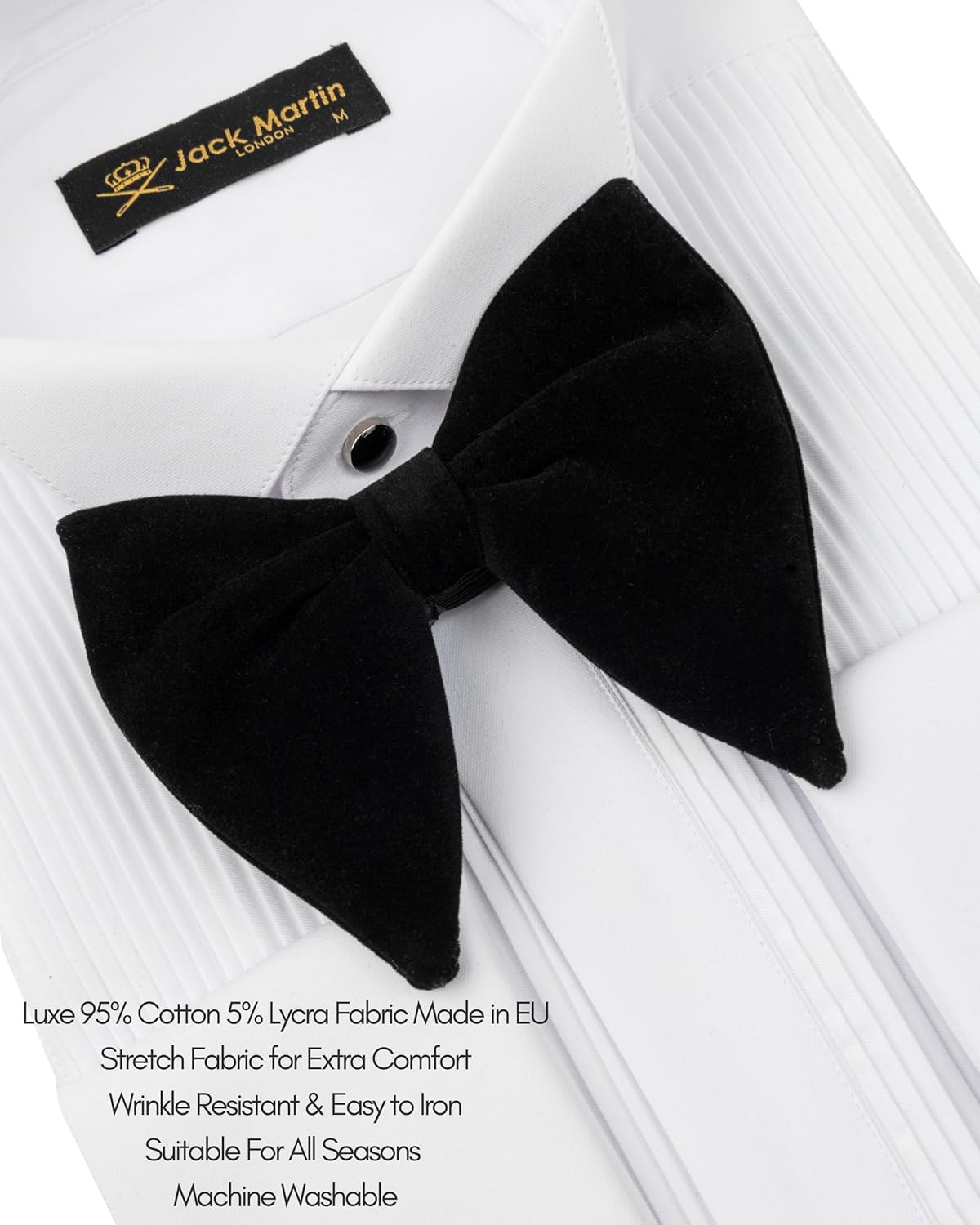 Men's White Wing Collar Tuxedo Shirt with French Cuffs | Set Incl. Cufflinks & Black Bow Tie | Luxe Dress Shirts for Men - Image 3