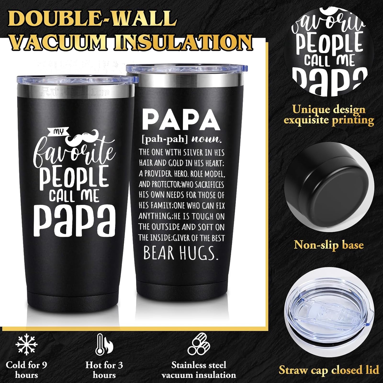 iAOVUEBY Papa Gifts, Fathers Day Gift for Papa/Grandpa, Birthday Gift for Dad, Funny 20oz Insulated Tumbler Cup Sets Present, Best Gifts Ideas for Papas Grandpa Grandparents from Grandkids