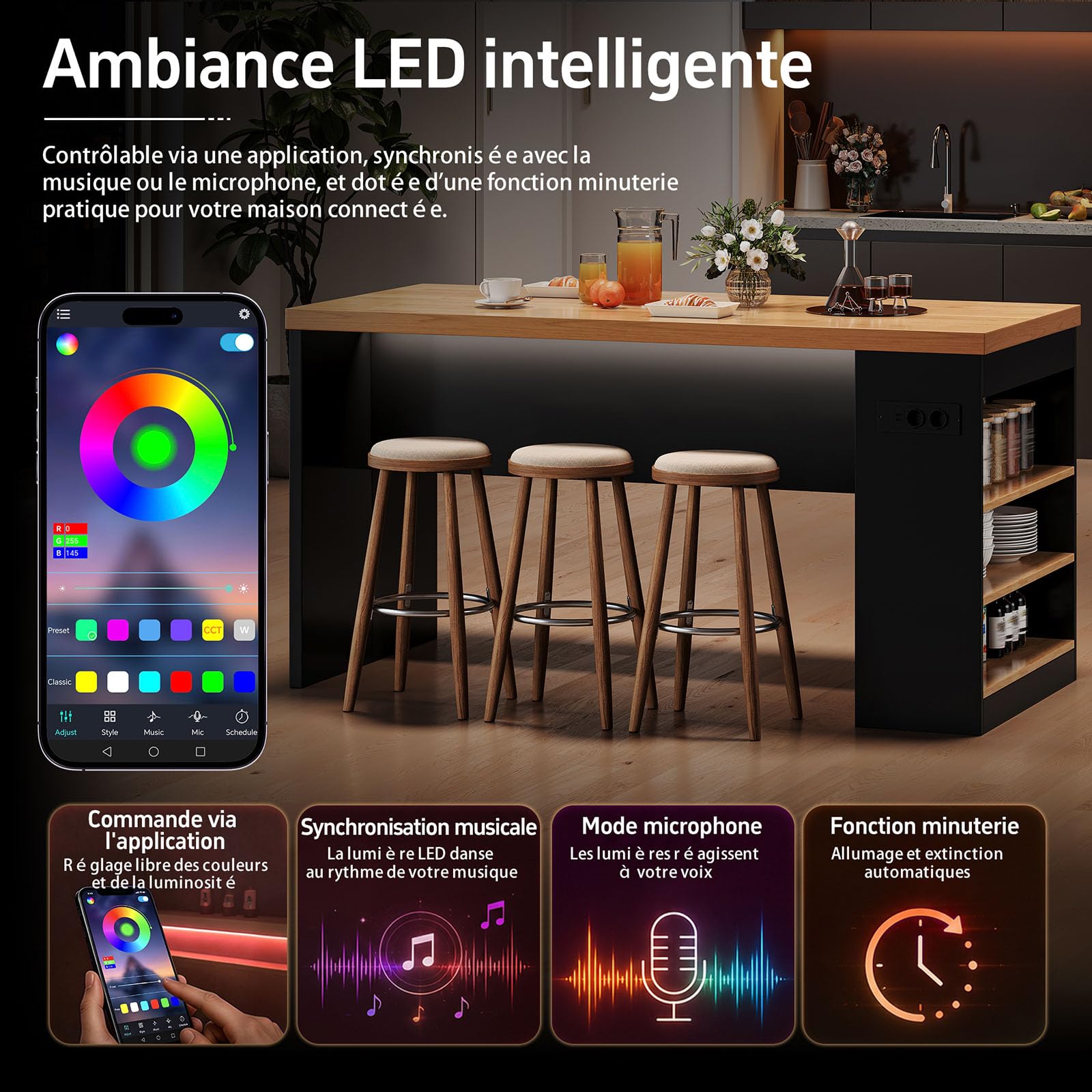 DHHU Îlot de Cuisine 155x80x90 cm avec Prises & USB, Plan de Travail Épais 40 mm, Éclairage LED Intégré, 3 Étagères de Rangement, Meuble Multifonction pour Cuisine et Salle à Manger