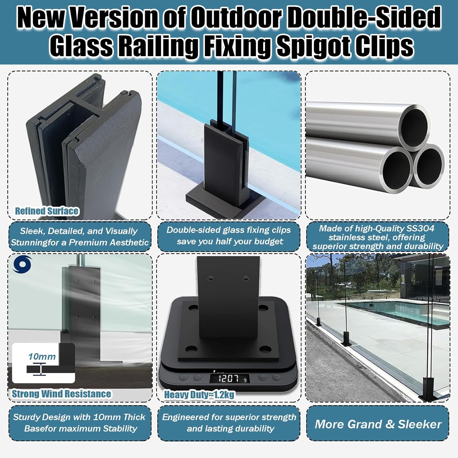 Railing Glass to Glass Clamp Double-Sided Glass Railing Spigot, 304 Stainless Steel Railing Fixing System for Deck Garden Stairs Balustrade Balcony,Middle Spigot,8 Pack