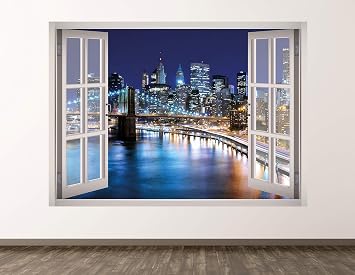New York City Wall Decal Art Decor 3D Window Bridge Sticker Mural Kids Room Custom Gift BL468 22"w x 16"H