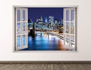 New York City Wall Decal Art Decor 3D Window Bridge Sticker Mural Kids Room Custom Gift BL468 (22"w x 16"H)