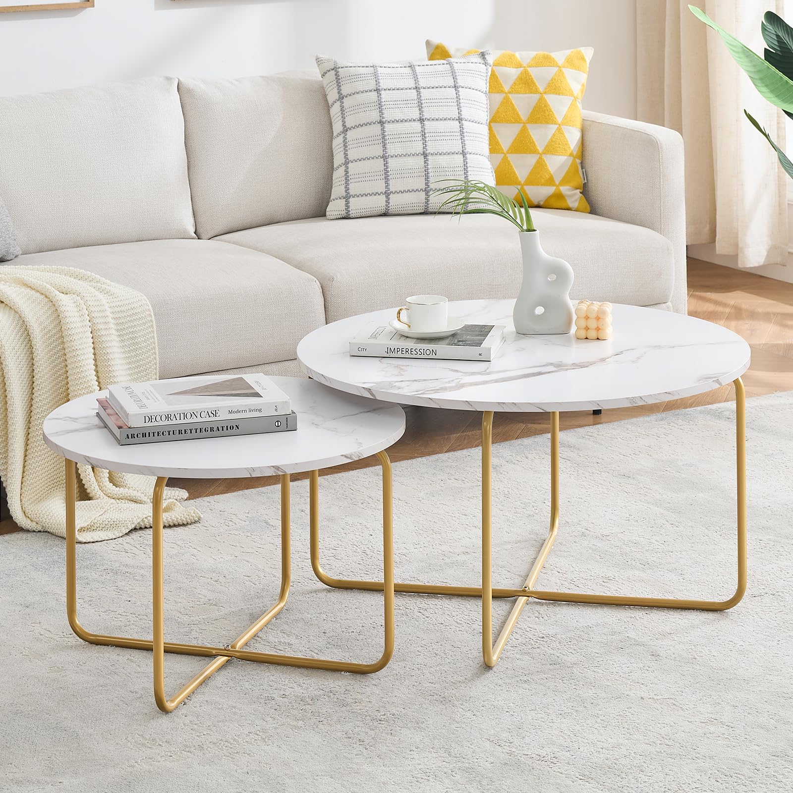 WSOFZMO Couchtisch Set 2er - Stapelbarer Beistelltisch Mit Marmoroptik