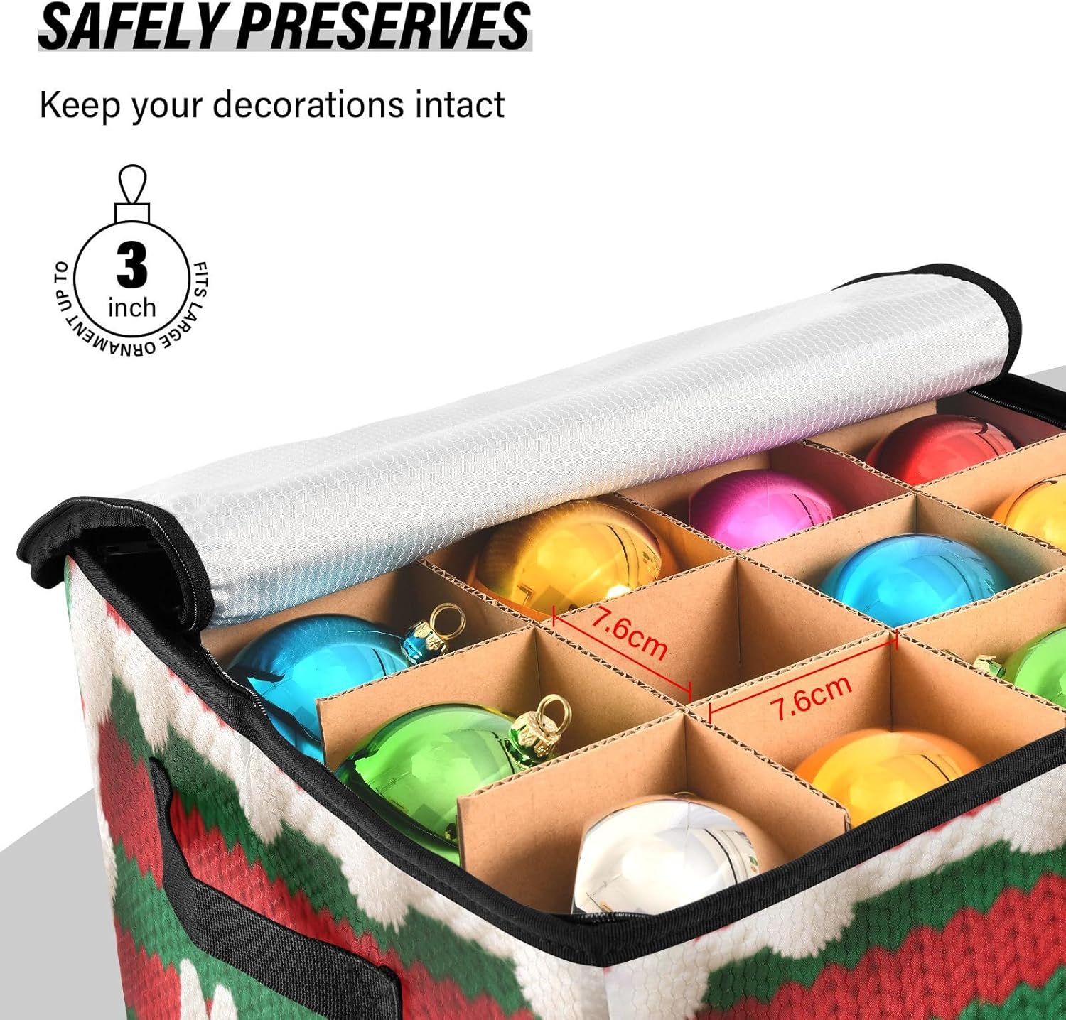 High Capacity Christmas ornament storage containers Holds Up to 64, Adjustable Dividers, Zippered Top, Two Handles stackable Holiday Storage Case with Lid,Knit Pattern Merry Christmas Text