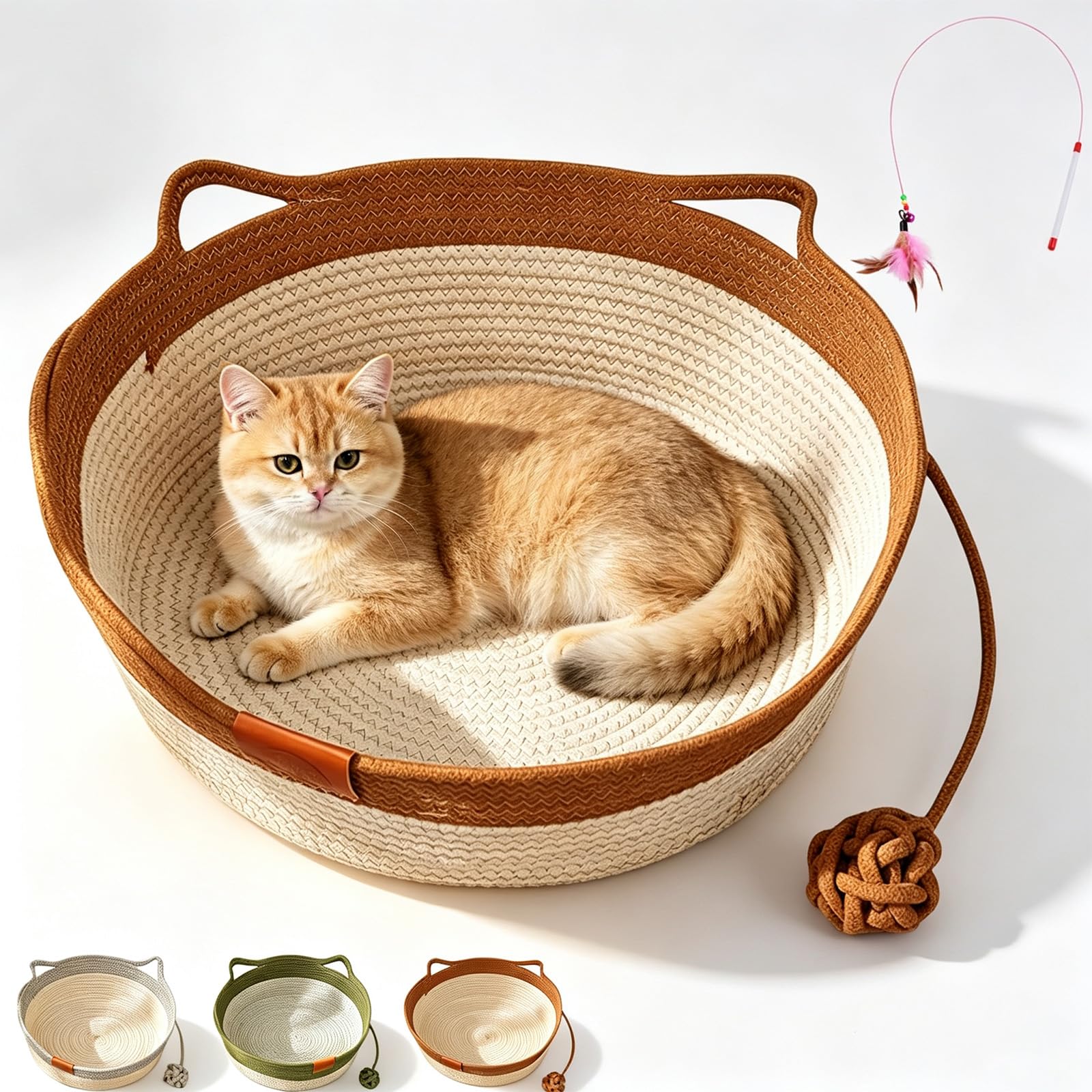 Handwoven Cotton Rope Cat Basket Bed, Breathable All-Season Instinct Basket for Cats with Toy Tail and Ear Design, Scratch-Resistant Stimuli Cat Basket, Portable Wicker Cat Bed Alternative (A-L)