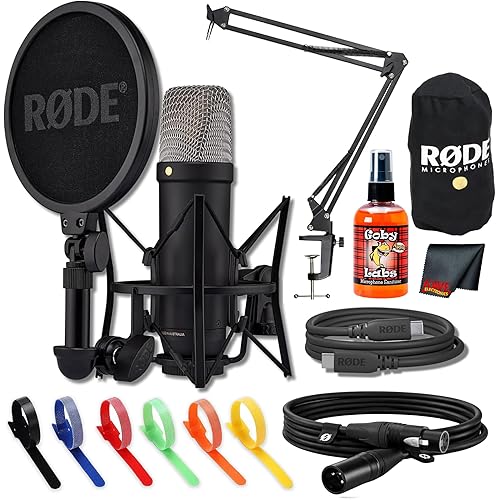 Rode NT1 5th Generation Large-Diaphragm Cardioid Condenser Microphone (Black) | Dual XLR/USB, Ultra-Low Noise & 32-Bit Float Recording for Streaming & Studio Recording + Mic Arm + Cable Ties + More