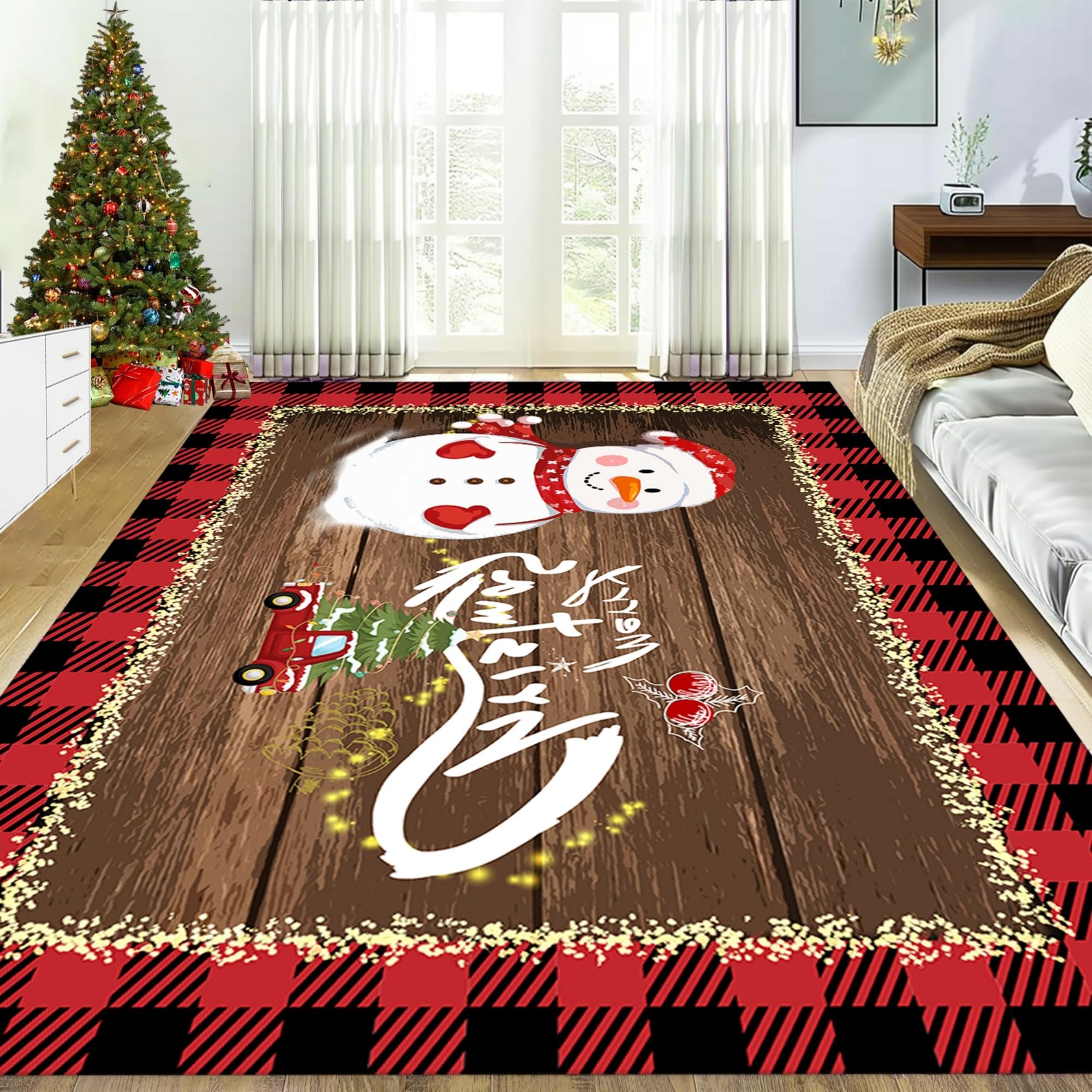 ZLXMN Merry Christmas Area Carpet 4x6ft Brown Wood Grain and White Snowman Rug，Vintage Buffalo Plaid Red Truck Xmas Tree Print Rug Winter Decor Indoor