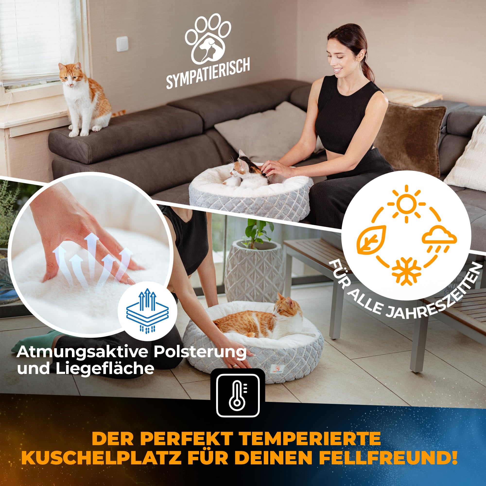 Katzenbett [beruhigende Wirkung] - Rundes, flauschiges Kissen für deine Samtpfote - Katzenkissen, Katzen-Körbchen, Kuschelbett waschbar, Katzenschlafplatz-Bettchen, Katzenbettchen | 55x55x20 cm