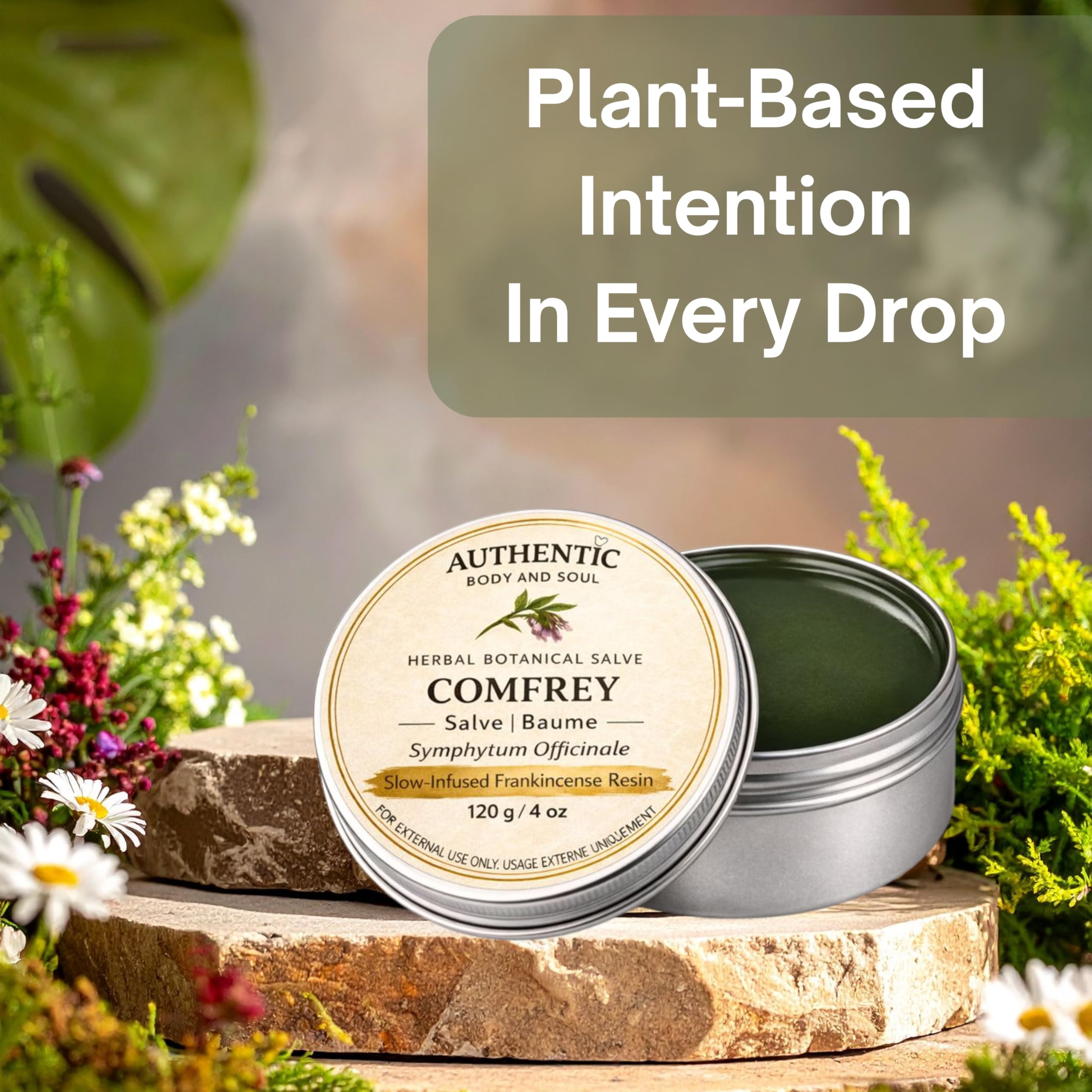 Comfrey Salve, Comfrey Leaf & Root Oil Balm, Melissa, Jojoba, Castor Oil & Infused Frankincense Resin | Alberta Organic Unrefined Beeswax, Herbal Botanicals | 4 oz, by Authentic Body And Soul - 3